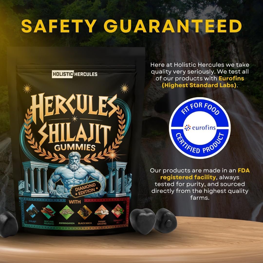 Holistic Hercules Himalayan Gold Shilajit Gummies with Ashwagandha Black Maca Tongkat Ali Panax Ginseng Mucuna | 100% Natural Organic | Vegan Non-GMO Sugar-Free (30) - Medaid International