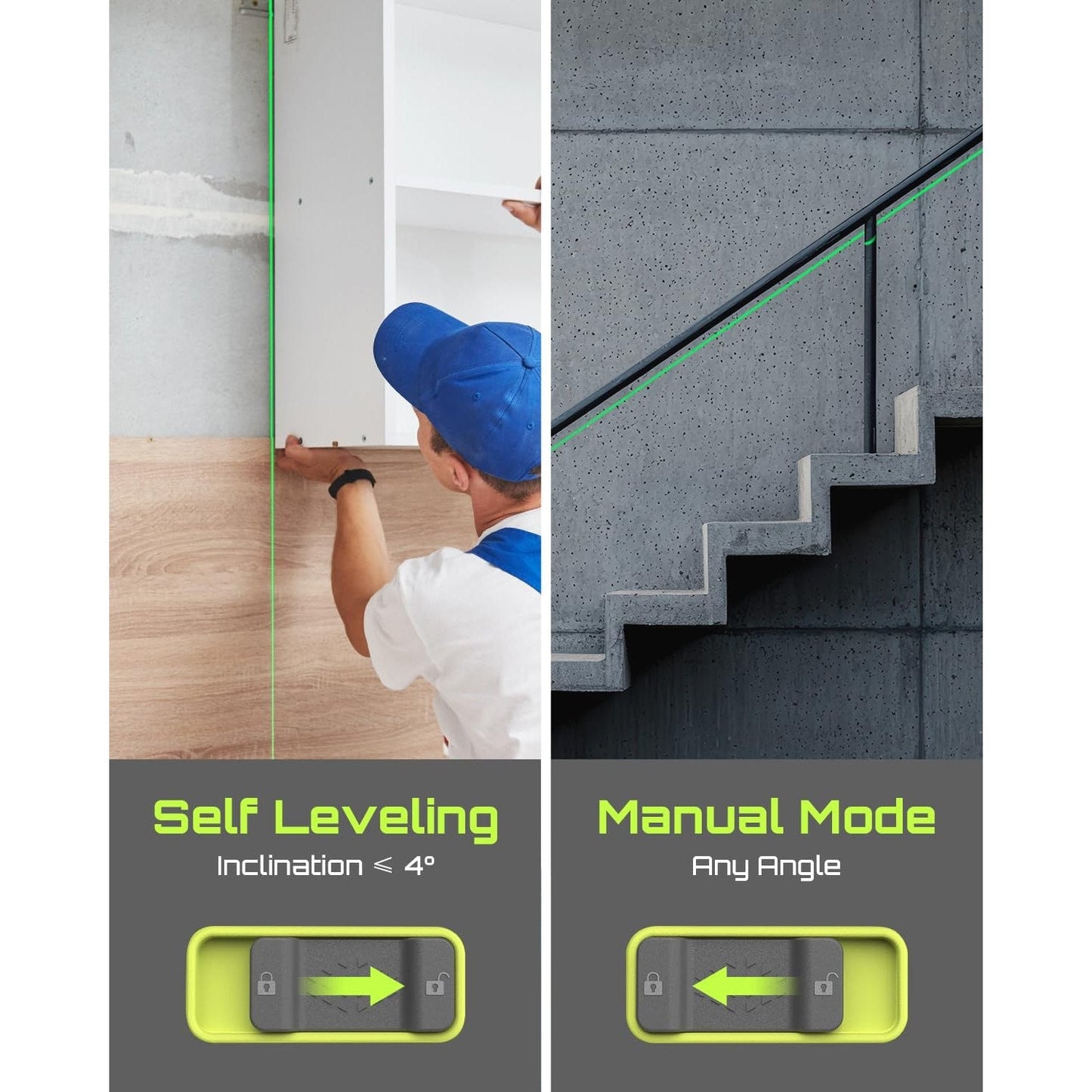 LasGoo LG-4D 16 Green Beam 4x360° Laser Level, Self-Leveling Tool with Horizontal and Vertical Dual Layout, Ideal for Construction and Picture Hanging, Magnetic Pivot Bracket Included - Medaid International