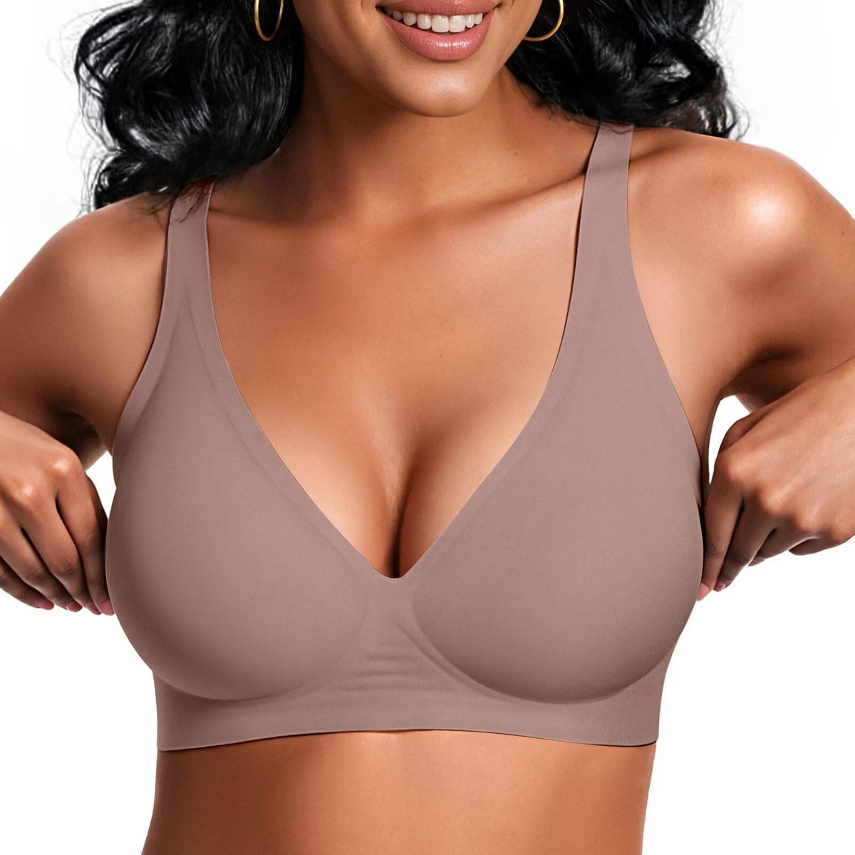 TERRIFI Women‘s Wireless Push Up Seamless Bra, V Neck Plunge Bralette, Soft Comfortable Tshirt Bra for Daily Wear (Grey Size M)
