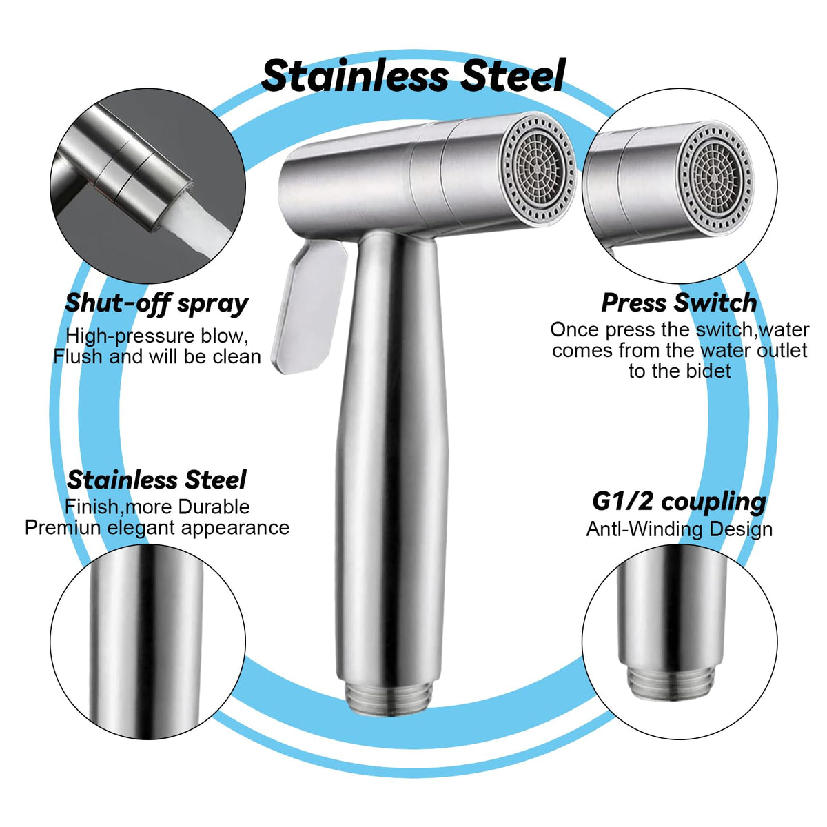 Handheld Bidet Sprayer Dual Function Nozzle Stainless Steel Baby Cloth Diaper Spray Set, 1.5m Shower Hose and Fitting, Toilet Bidet Sprayer for Washing Hair or Wash Basin