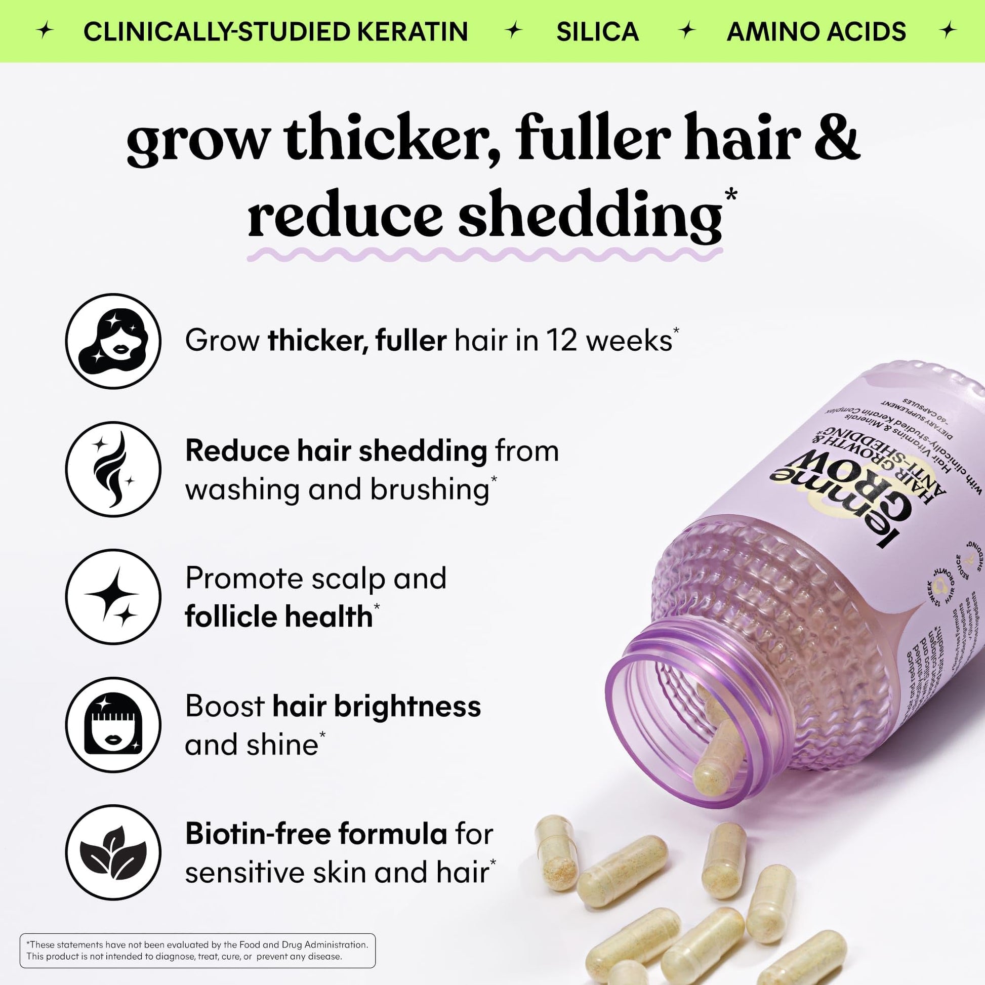 Lemme Grow Hair Growth Supplement for Women, Clinically Proven Keratin Complex for Visibly Thicker Hair and Scalp Coverage, Reduced Shedding, Nourish Thinning Hair - 1 Month Supply - Medaid International