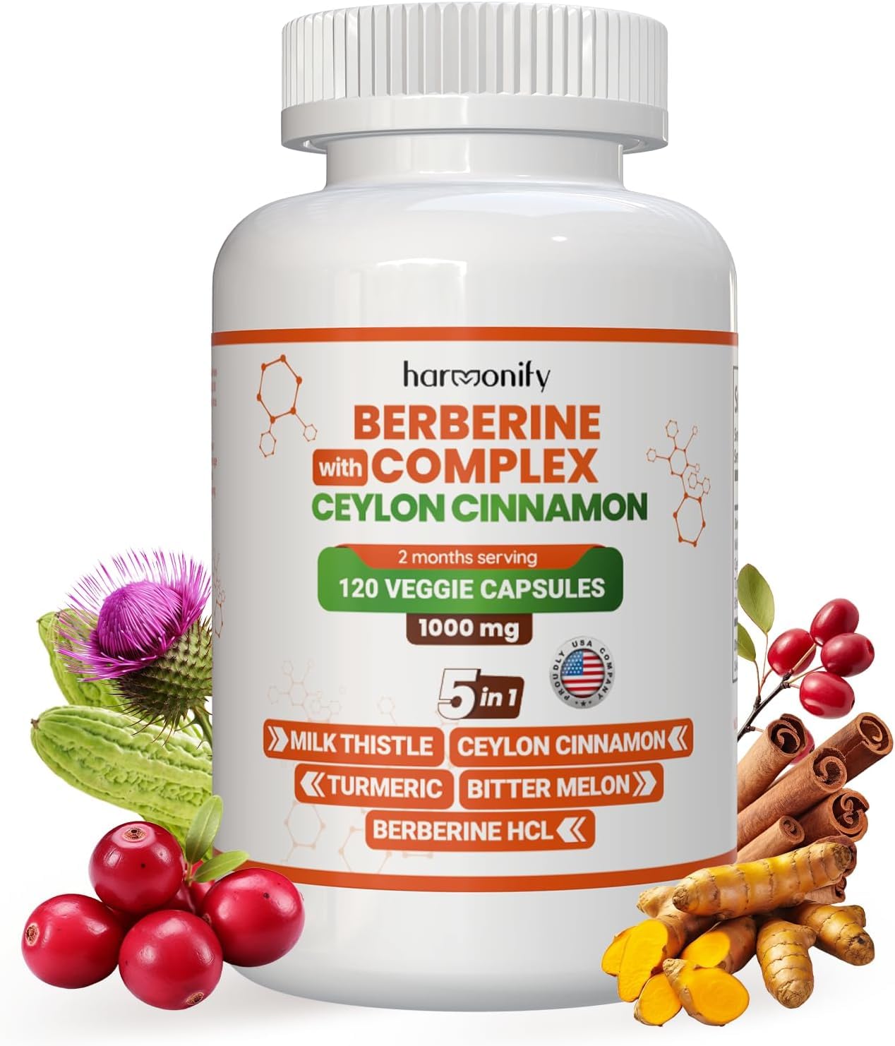 HARMONIFY Berberine Supplement with Ceylon Cinnamon, Milk Thistle, Turmeric, Bitter Melon Complex, 120 Capsules, 1000 mg, Vegan, Non-GMO - Medaid International