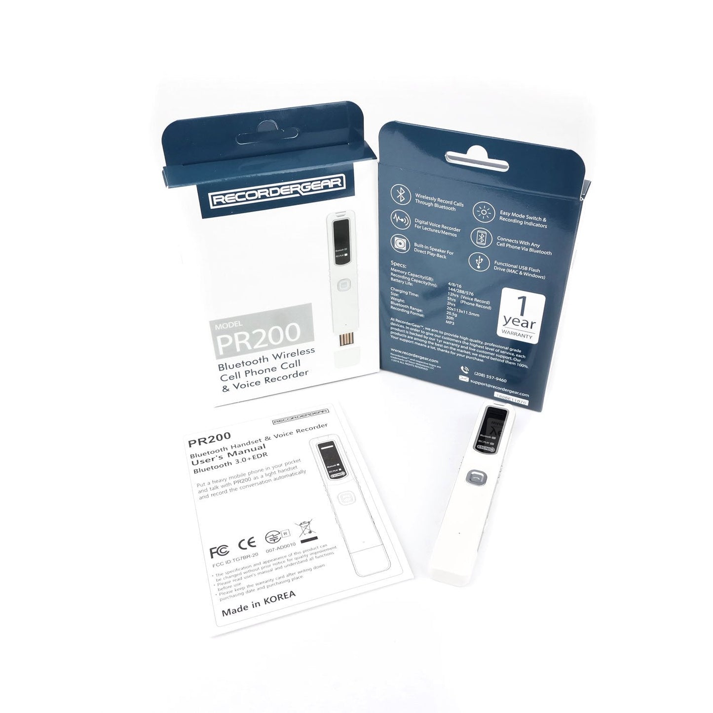 RecorderGear PR200 Cell Phone Call Recording Device, Bluetooth Enabled, iPhone and Android Mobile Recorder - Medaid International
