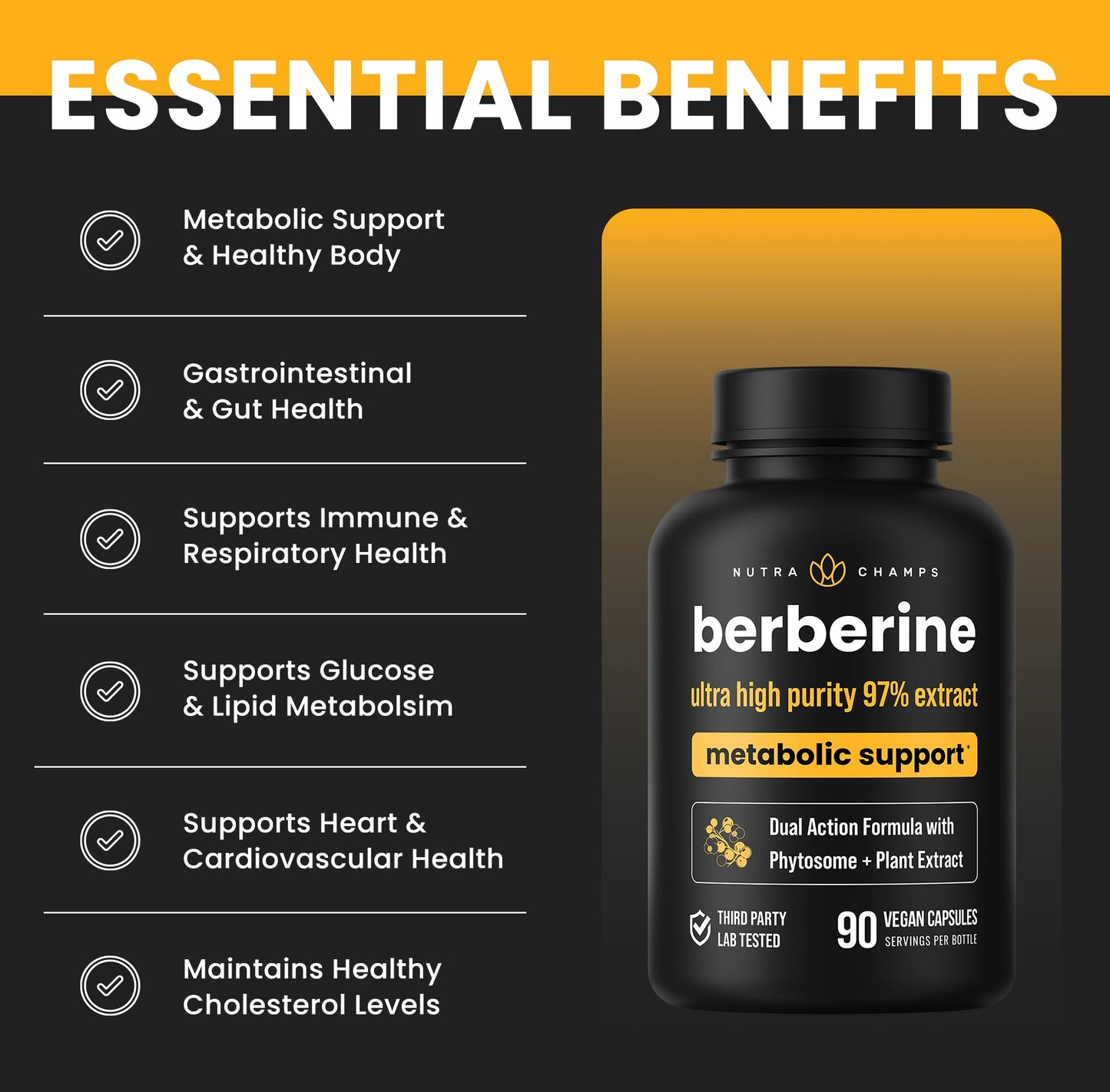NutraChamps Berberine Supplement | Ultra High Strength 97% Purity | Berberine HCL 1500mg + Berbevis Phytosome Extract for Enhanced Absorption & Metabolic Support | Premium 500mg 90 Vegan Capsules - Medaid International