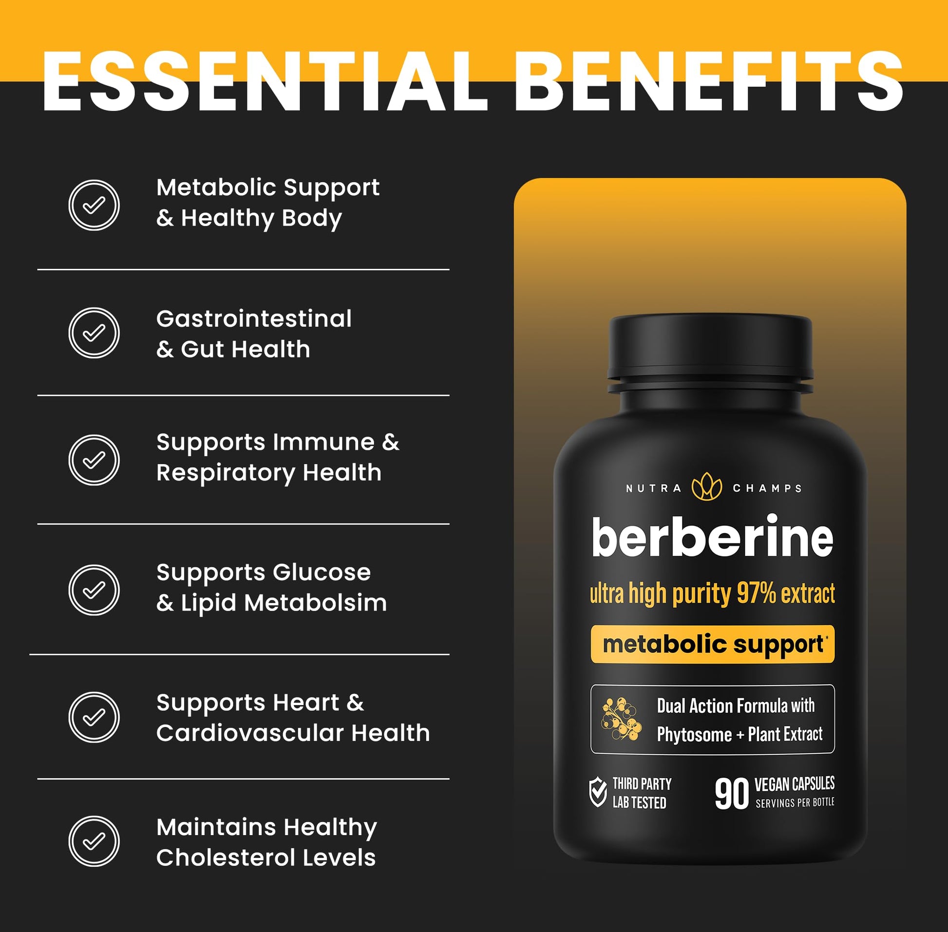 NutraChamps Berberine Supplement | Ultra High Strength 97% Purity | Berberine HCL 1500mg + Berbevis Phytosome Extract for Enhanced Absorption & Metabolic Support | Premium 500mg 90 Vegan Capsules - Medaid International