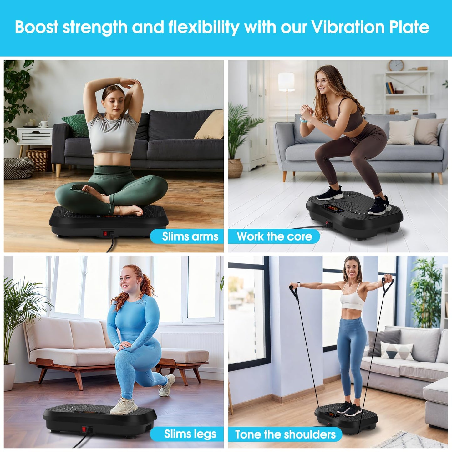 SoftGym Vibration Plate Exercise Machine for Lymphatic Drainage,Power Vibrate Stand Shake Board 450 Lbs Capacity Whole Body Workout Waver with Resistance Bands Weight Loss Gift for Women Men-Black