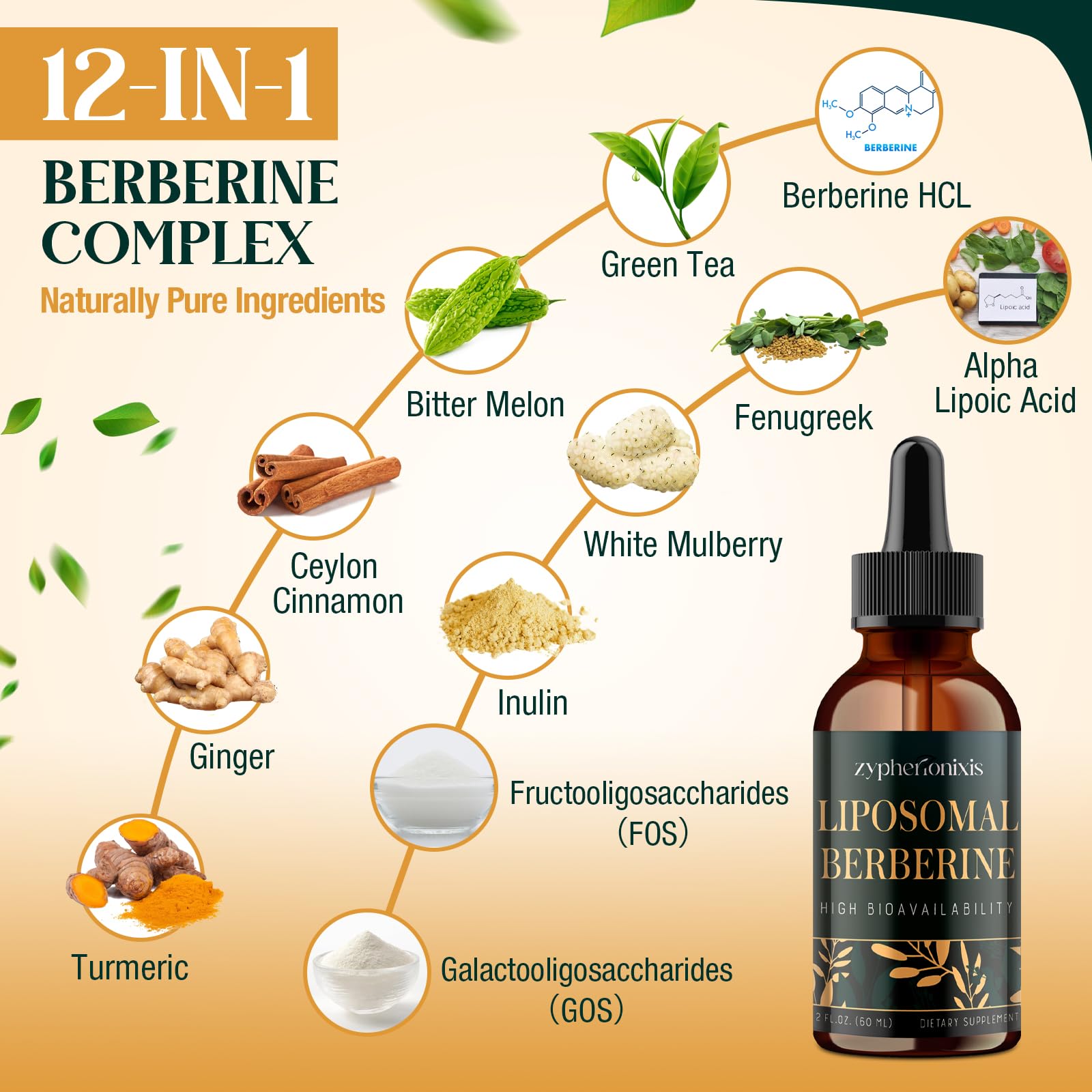 Zypherionixis Liposomal Berberine HCL Supplement Liquid 3000mg - High Absorption Berberine Drops with Ceylon Cinnamon - 12-in-1 Formula AMPK Activator, Sugar Free - 4 fl oz - Medaid International