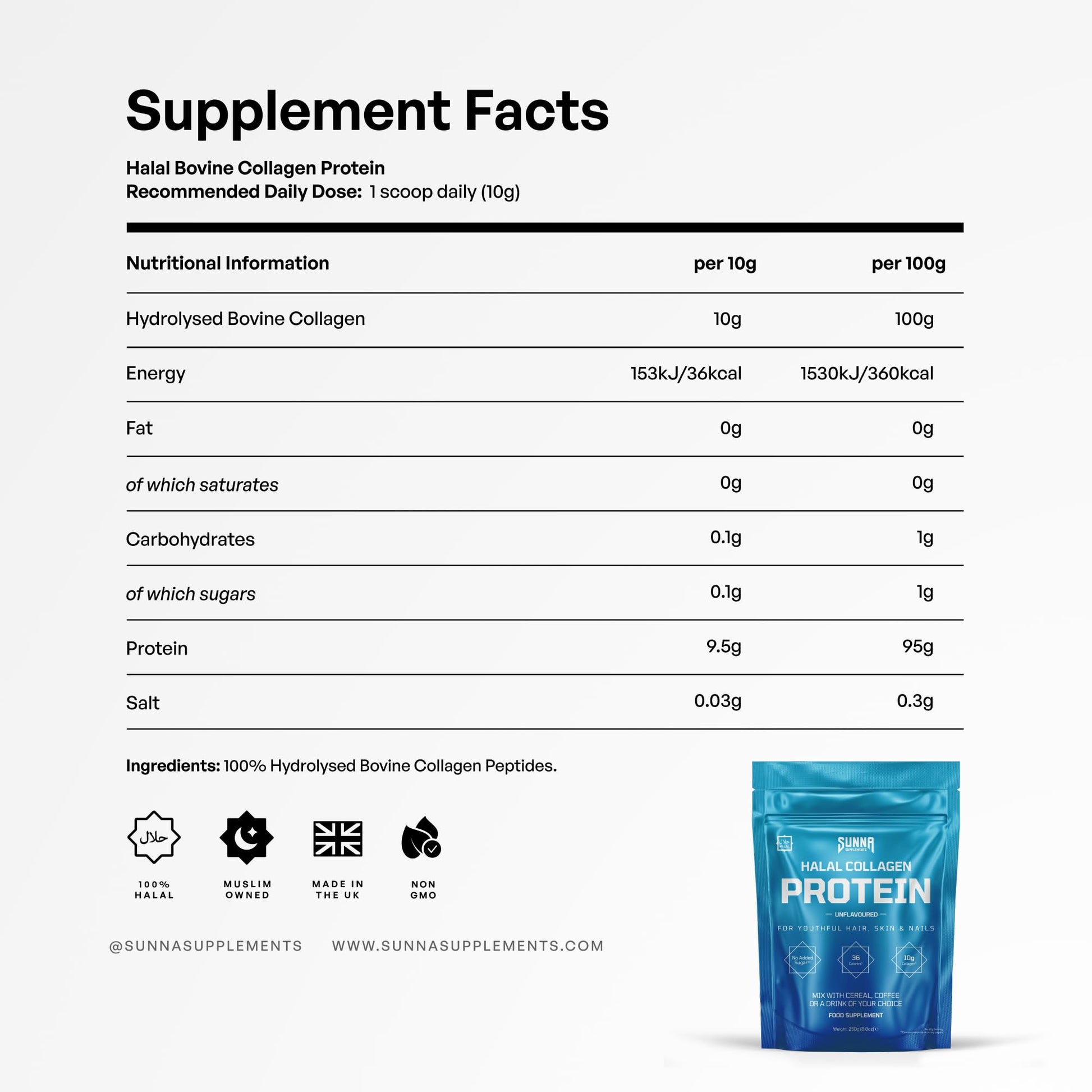 SUNNA SUPPLEMENTS - Halal Bovine Collagen Protein Powder for Hair Skin Nails and Joints - Type (I, III) Hydrolysed Premium Bovine Collagen Peptides for Women and Men | Gluten Free | Unflavoured - Medaid International
