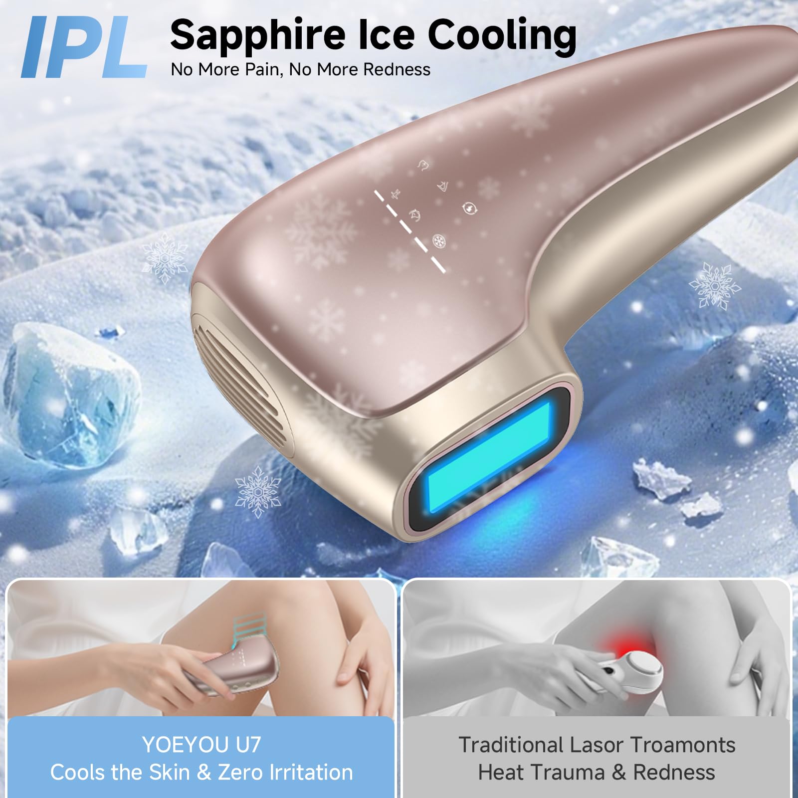 Painless IPL Laser Hair Removal for Women & Men, 39°F Sapphire Ice Cooling Technology, At-Home Laser Hair Removal Device for Face, Armpits, Legs, Bikini & Whole Body, Long-Lasting Results - Medaid International