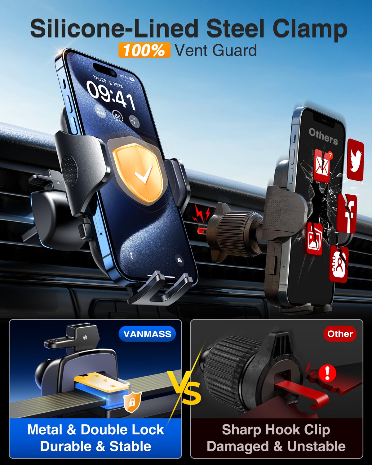 VANMASS Car Phone Holder 2025 Military-Grade Phone Holder for Your Car Windshield Dashboard【 65 Lbs Strongest Suction】【Patent & Safety Certs】 Universal Cell Phone Car Mount for iPhone Samsung Android - Medaid International