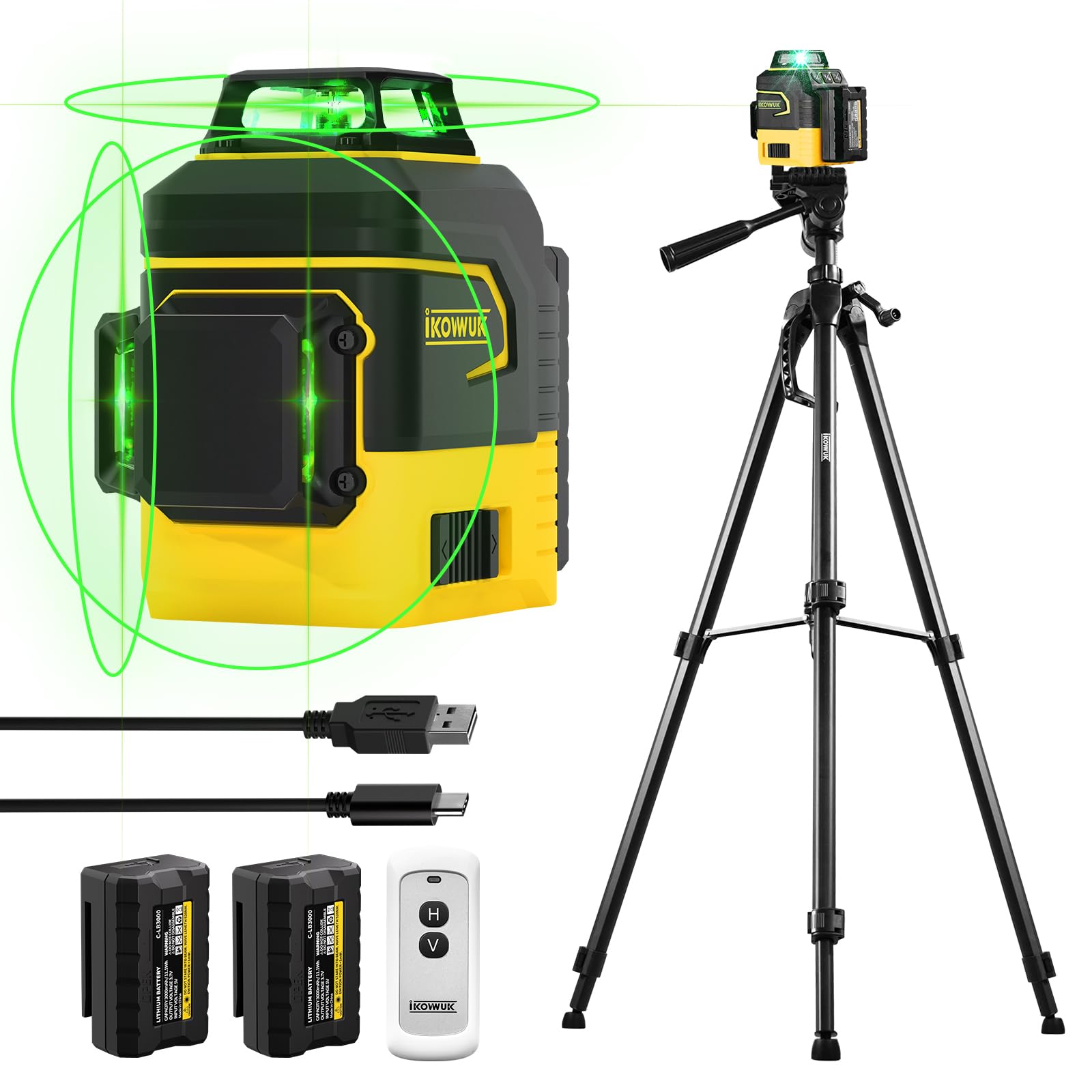 IKOVWUK Laser Level with Tripod, Laser Level 3x360° Self Leveling 12 Green Line, Rechargeable Battery 2 x 3000 mAh & Type-C Charging Port, Compact Adjustable 1.6M Tripod & Carry Pouch Included - Medaid International