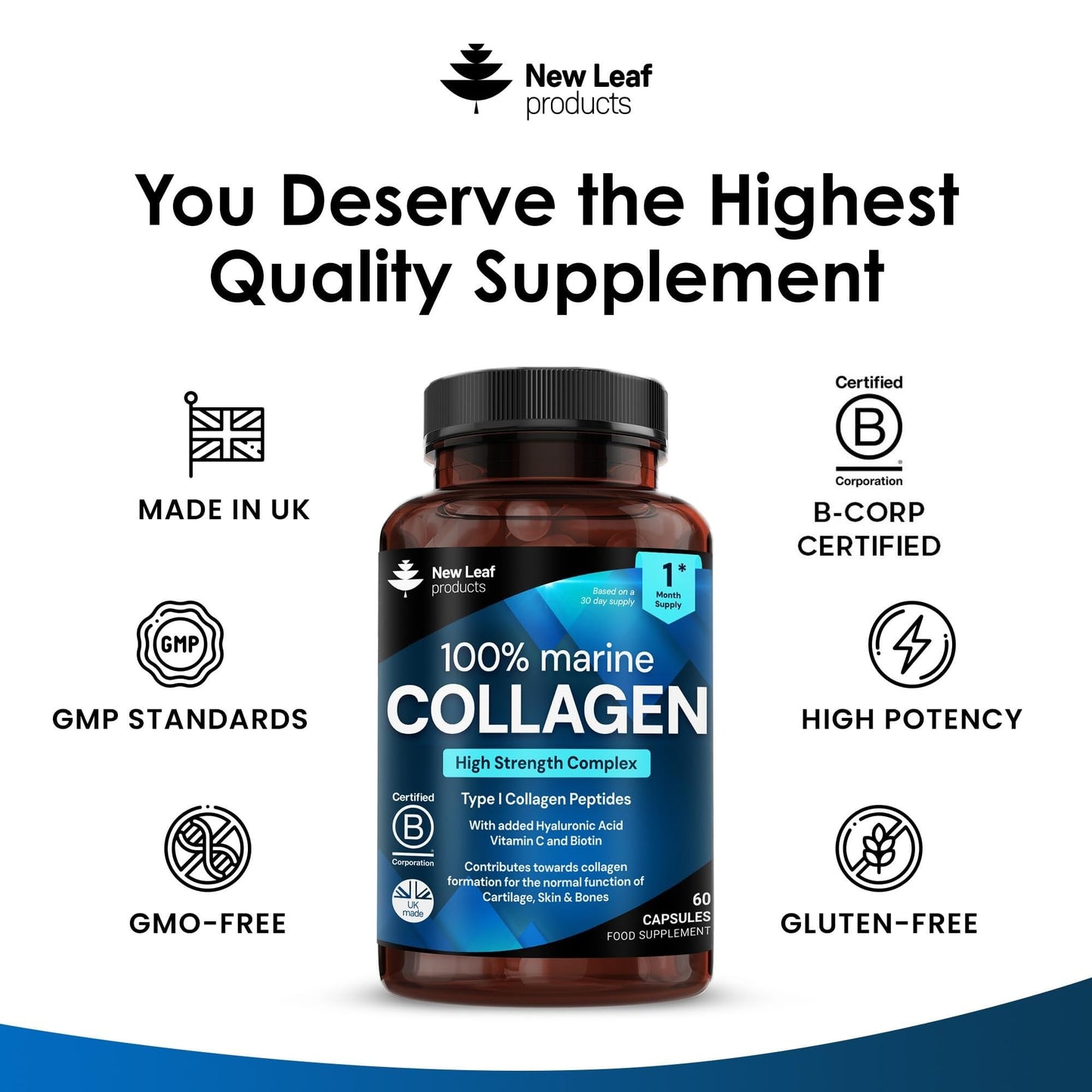 Pure Marine Collagen 100% Marine Collagen Type 1 1300mg - Hydrolysed Collagen Peptides Enhanced with Hyaluronic Acid & Vitamin C, High Strength Collagen Supplements for Women and Men, 60 Tablets - Medaid International