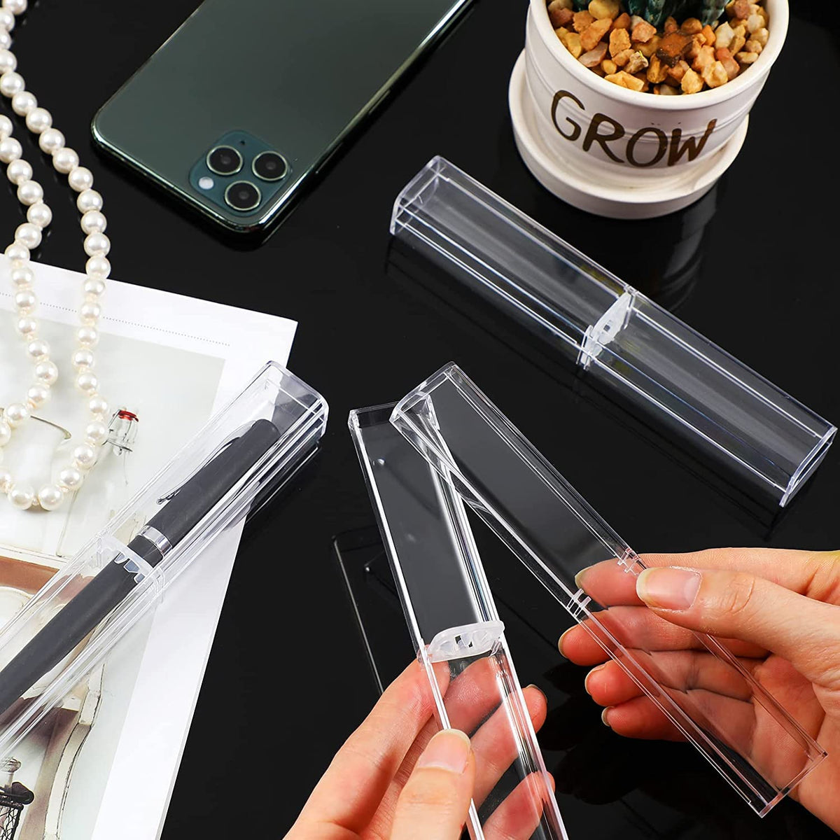TERRIFI 12 Pcs Acrylic Pen Case, Empty Pencil Gift Boxes, Clear Pen Display Case, Single Pen Holder Ballpoint Organizer Container for School Business Office Teachers Students Supplies