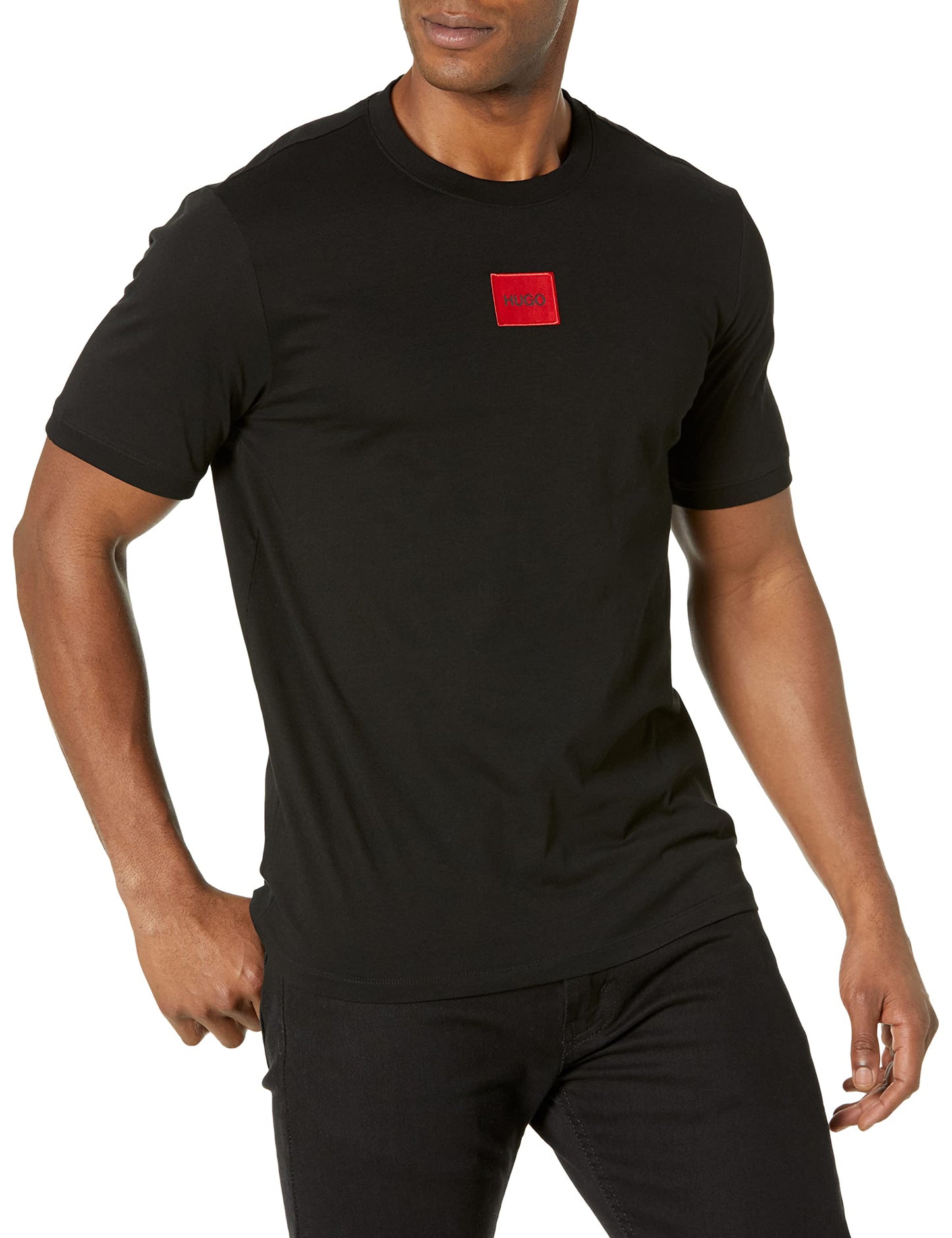 HUGO Mens Ribbed Crew Neck Regular Fit Center Logo T-Shirt, Raven Black, X-Large US - Medaid International