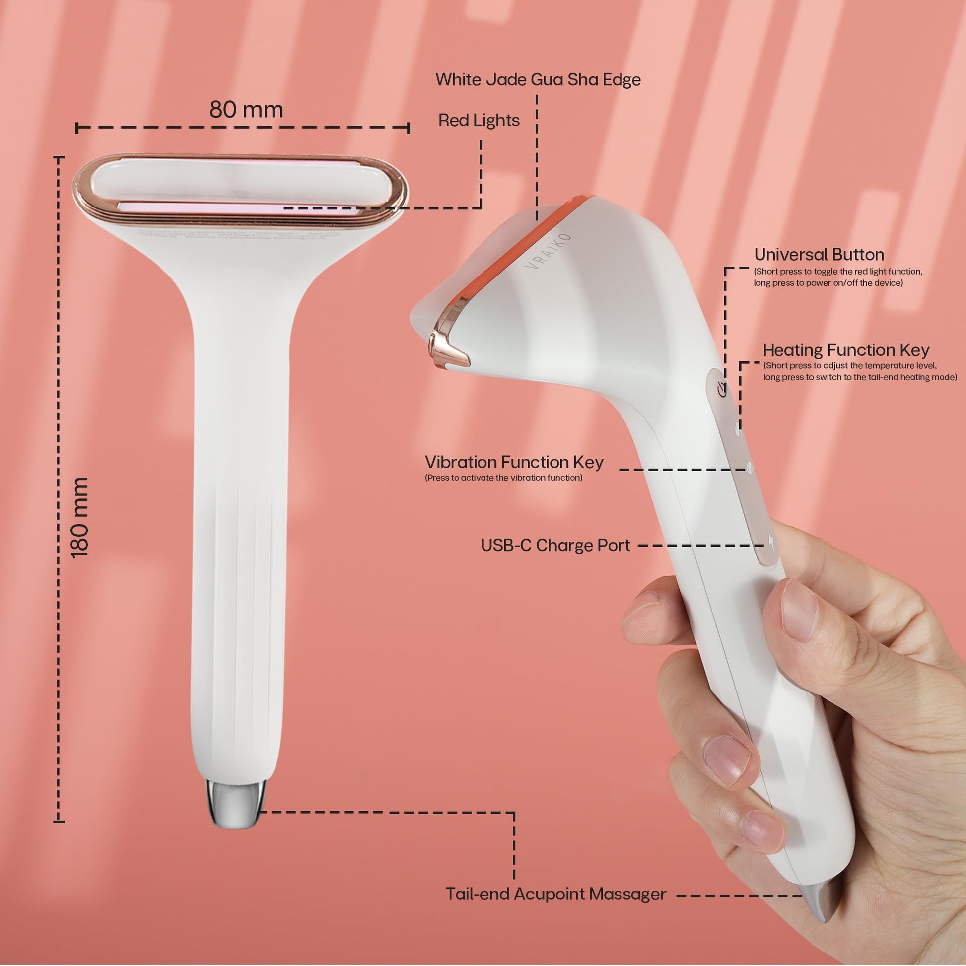 VRAIKO Aurora-X Handheld Gua Sha Device, White Jade Neck Face Massager with Thermal, Vibration and Acupressure Tail, for Face Sculpting Anti-Aging and Relaxation at Home - Medaid International