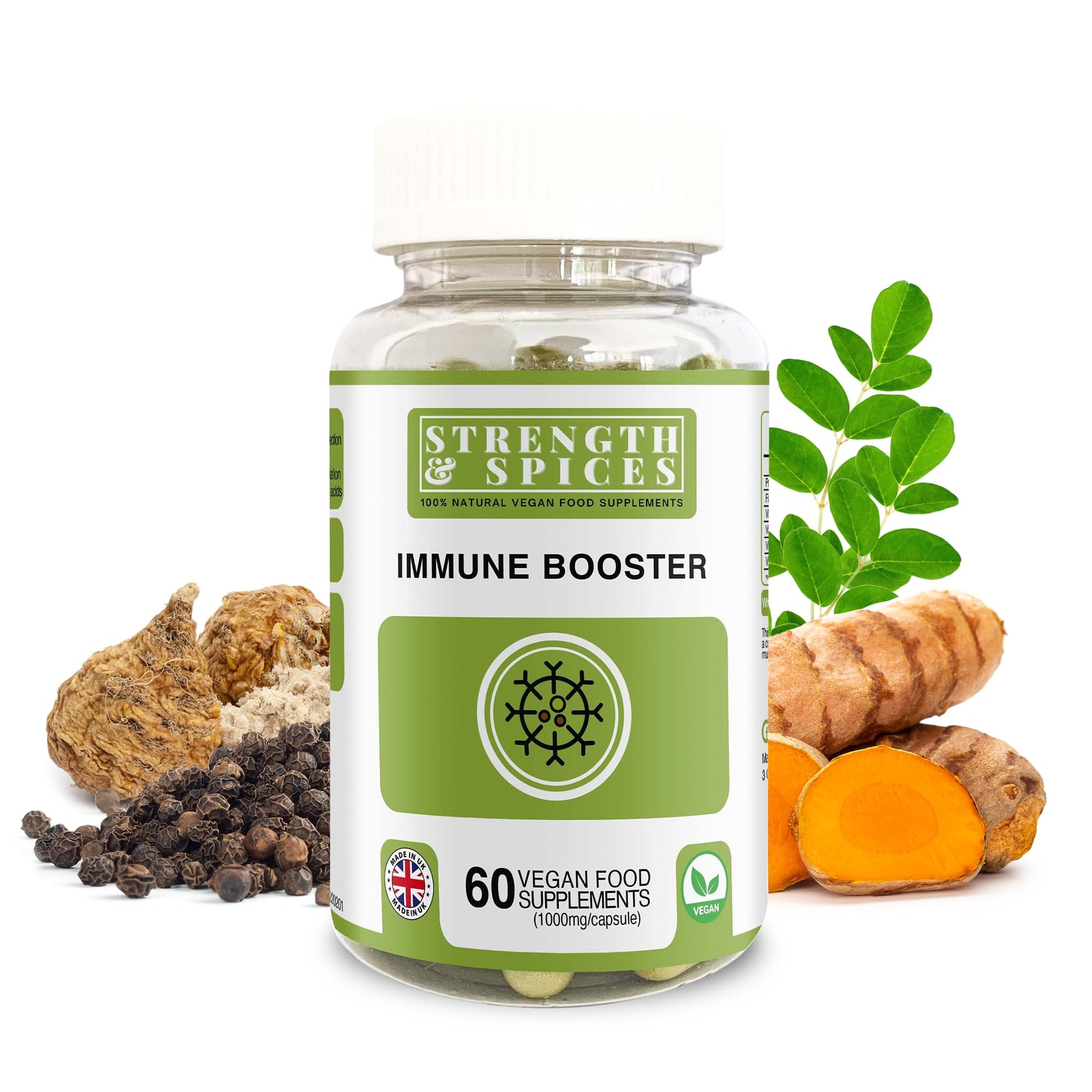 Strength & Spices Immune System Booster, Turmeric and Black Pepper Capsules with Moringa Powder, and Maca, Antioxidant-Rich Blend to Improve Immune Functions and Overall Wellness, 1000mg, 60 Capsules - Medaid International