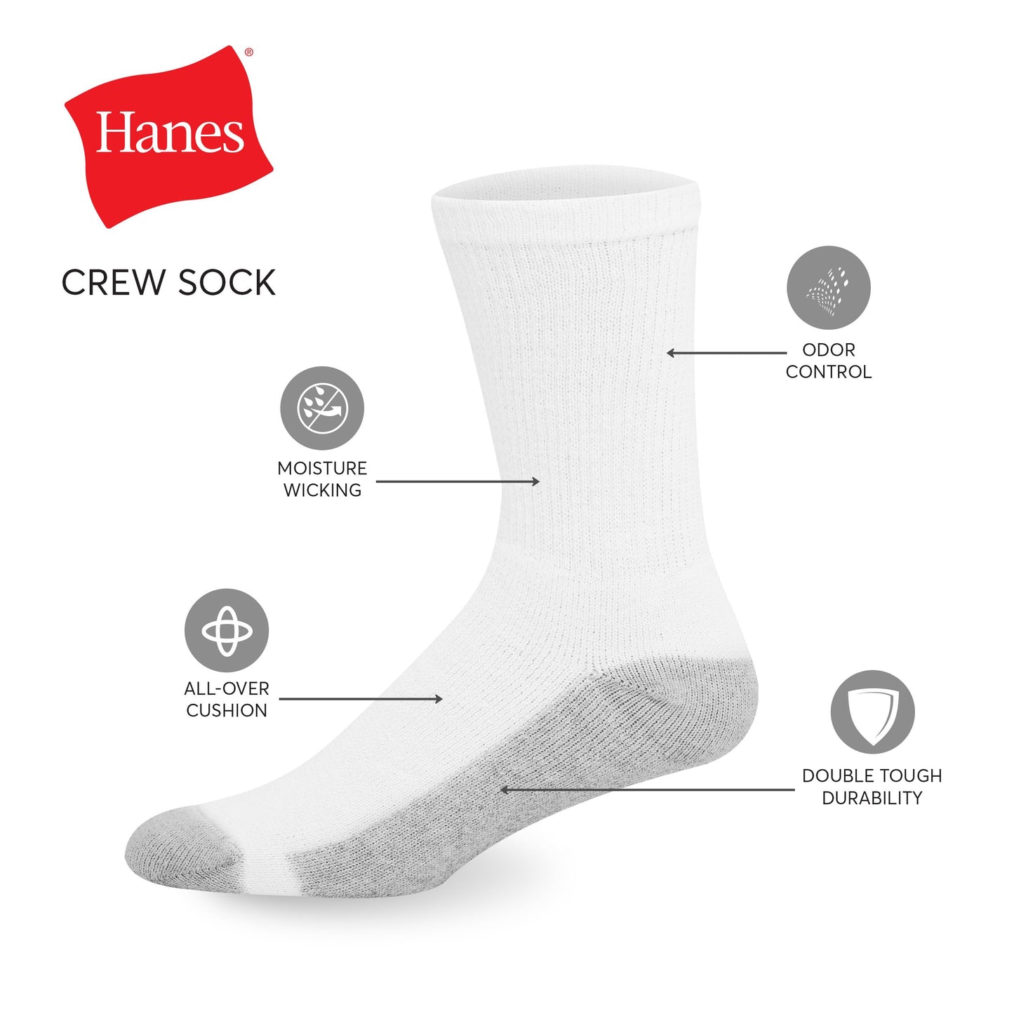 Hanes mens Double Tough Crew Socks, 12-Pair Pack fashion liner socks, White/ Grey Foot Bottom, 12-14 US - Medaid International