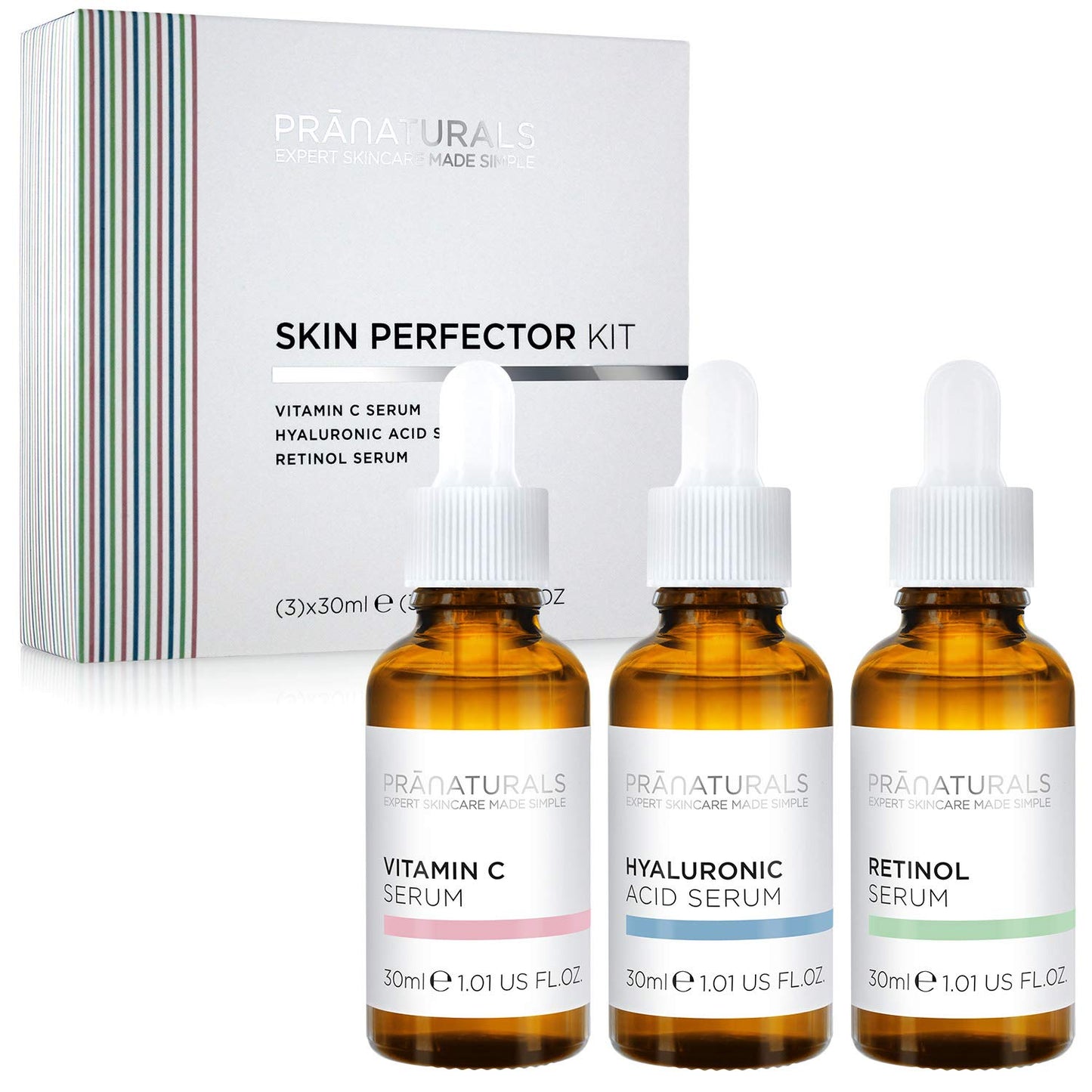 PraNaturals Skin Perfector Face Serum Kit 3x30ml – Hyaluronic Acid, Retinol & Vitamin C – Face Care Anti Ageing Lotion, Reduces fine lines and wrinkles, Enriched with natural oils and vitamins - Medaid International
