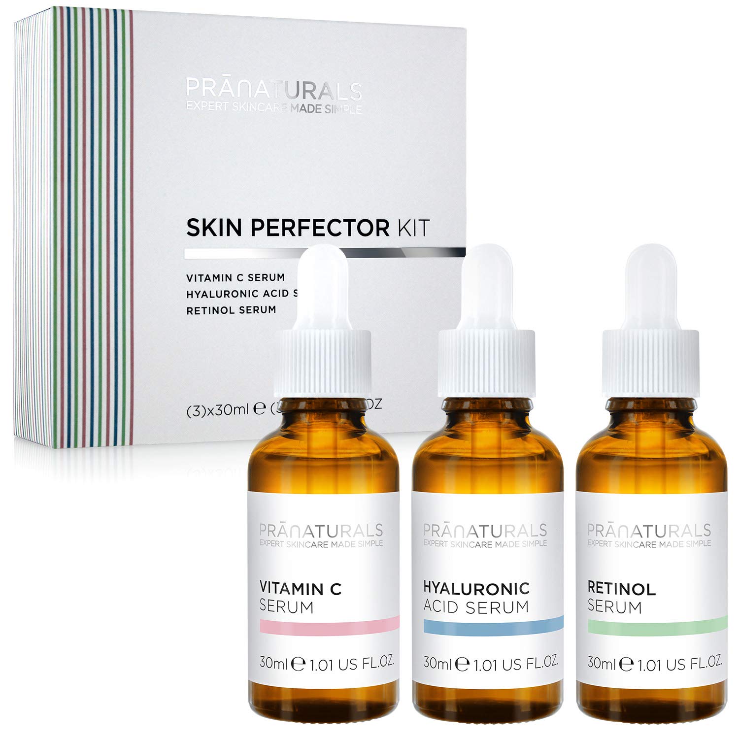 PraNaturals Skin Perfector Face Serum Kit 3x30ml – Hyaluronic Acid, Retinol & Vitamin C – Face Care Anti Ageing Lotion, Reduces fine lines and wrinkles, Enriched with natural oils and vitamins - Medaid International