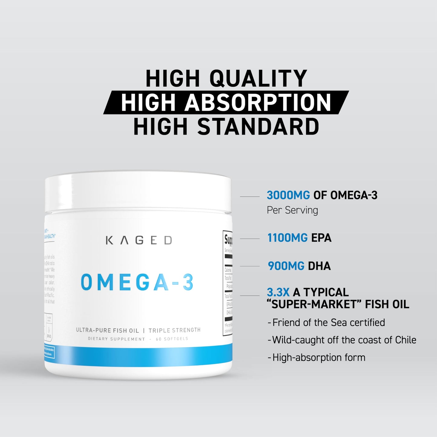 Kaged Omega 3 Fish Oil Supplement, 3000mg Omega 3 Fatty Acid with EPA & DHA, Ultra-Pure, No Fish Burps, 60 Pills - Medaid International