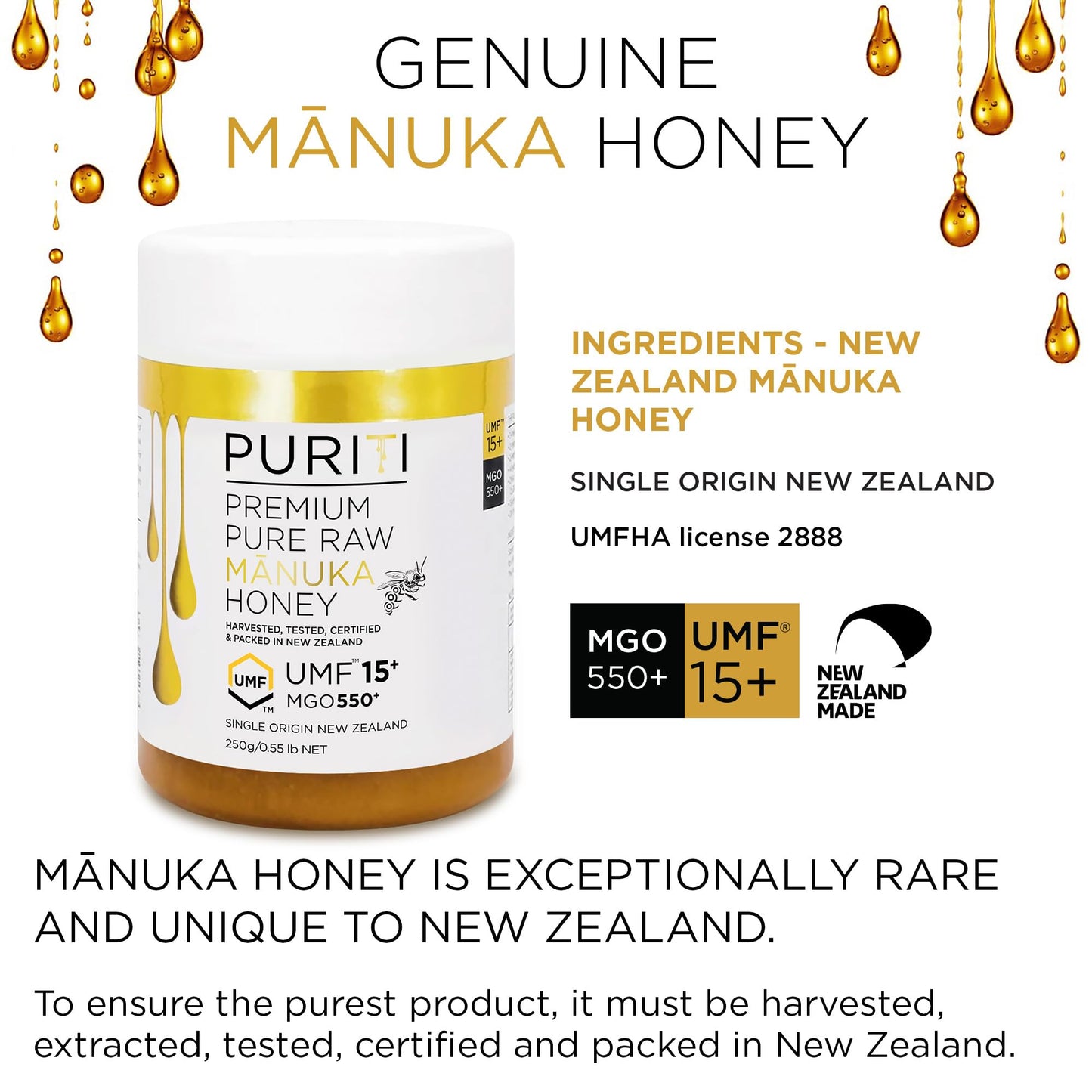 PURITI Manuka Honey MGO 550+ / UMF 15+ | 100% Pure Genuine Raw Manuka Honey | 8.8 Oz / 250g | Harvested, Tested, Certified and Packed in New Zealand - Medaid International