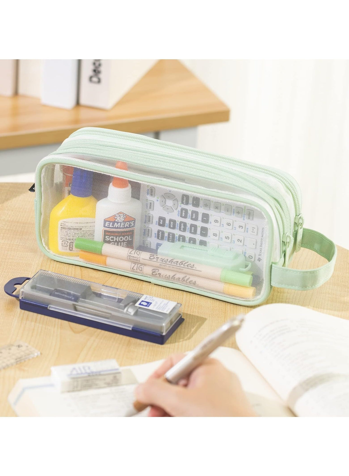 KASTWAVE Large Capacity Pencil Case, Big Capacity Pencil Pouch, Pen Marker Holder Double Zipper Storage Bag, Big Pencil Organizer for College School Office Teen Girl Boy Women Men Adult (Blue)