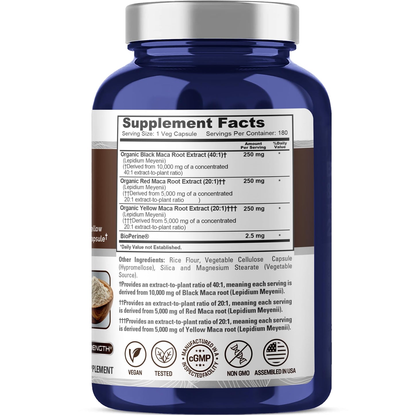 NusaPure Maca Root Black, Red, Yellow 20,000mg - 180 Vegan Capsules (Vegan,Non-GMO, Gluten Free) Bioperine - Medaid International
