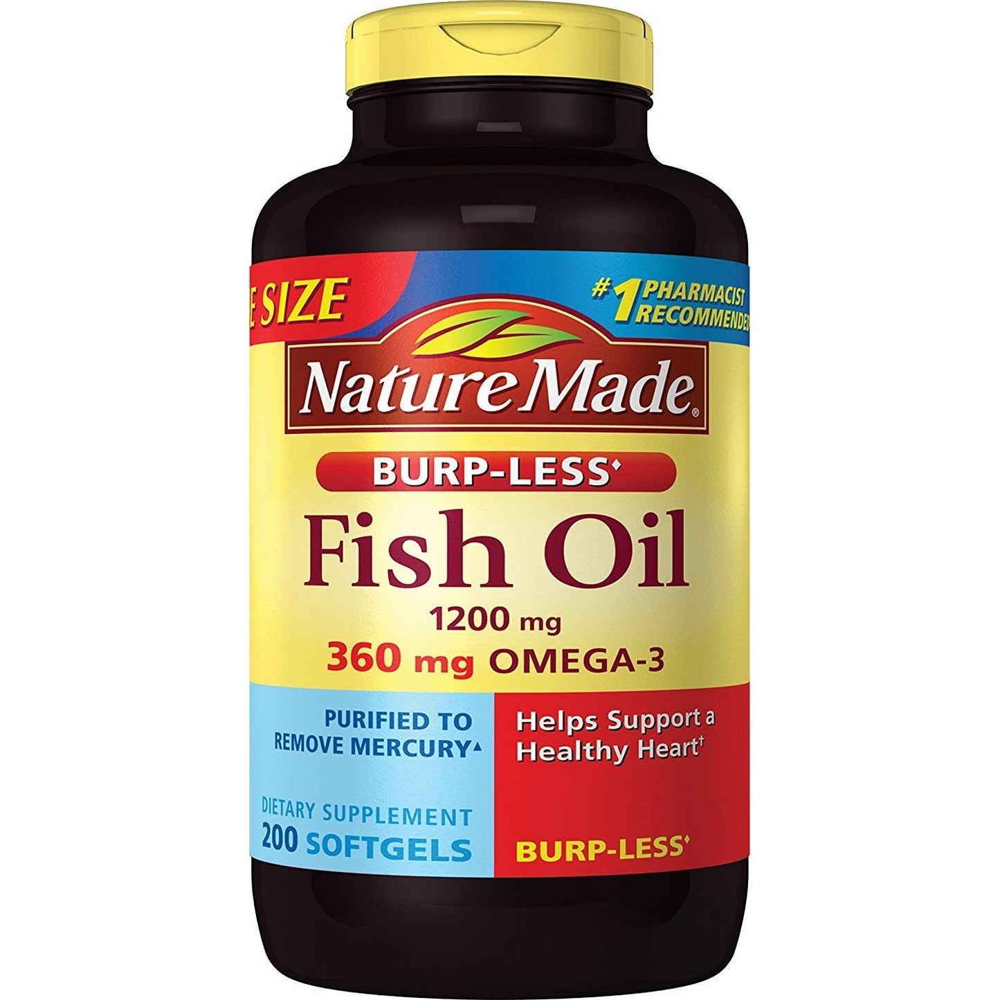 Burp-Less Fish Oil 1200 mg, 200 Softgels, Fish Oil Omega 3 Supplement For Heart Health - Medaid International
