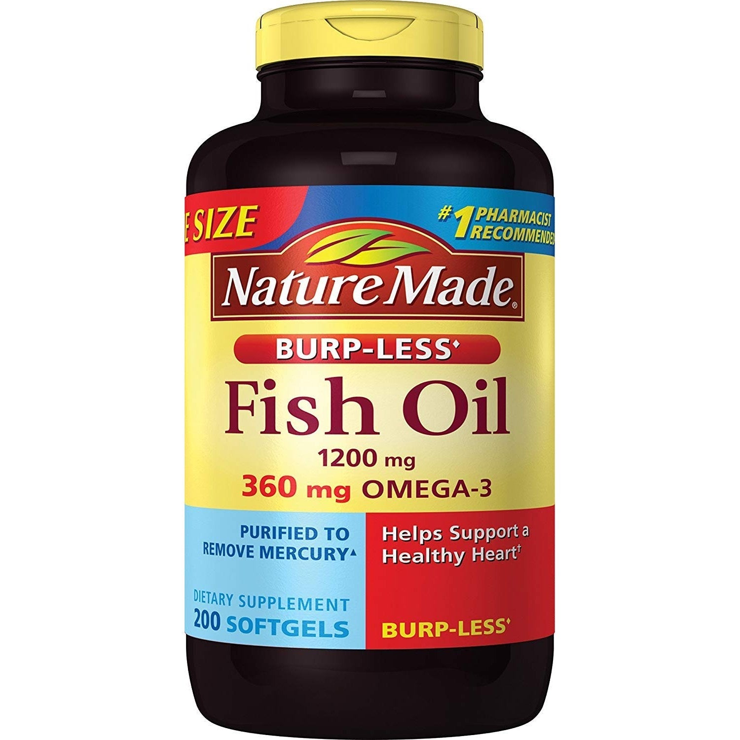 Burp-Less Fish Oil 1200 mg, 200 Softgels, Fish Oil Omega 3 Supplement For Heart Health - Medaid International