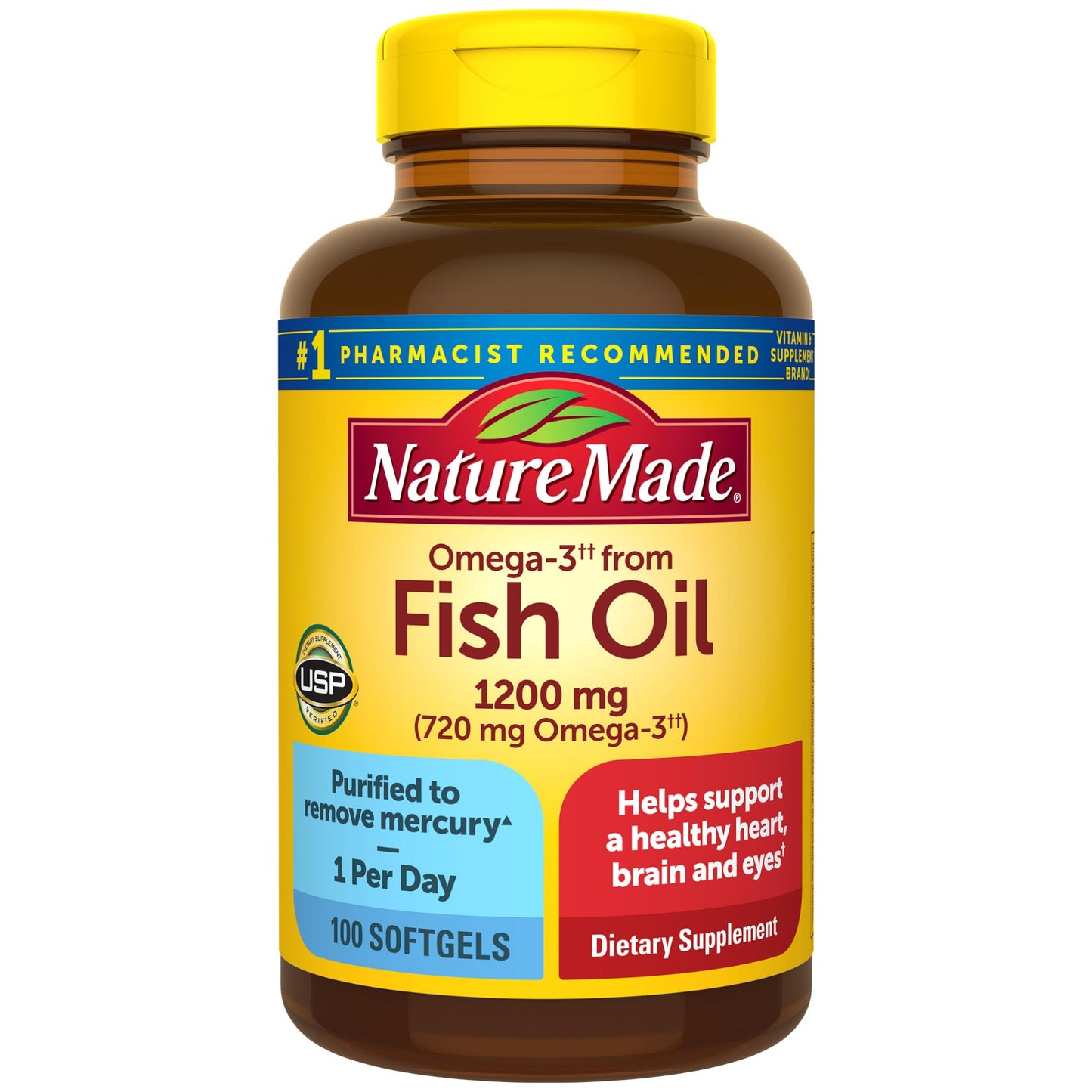 Nature Made Fish Oil Omega 3 Supplements, Omega 3 Fish Oil as Ethyl Esters 1200 mg Softgels, EPA DHA Supplement for Healthy Heart, Brain, Eye Support, One Per Day, 100 Softgels - Medaid International