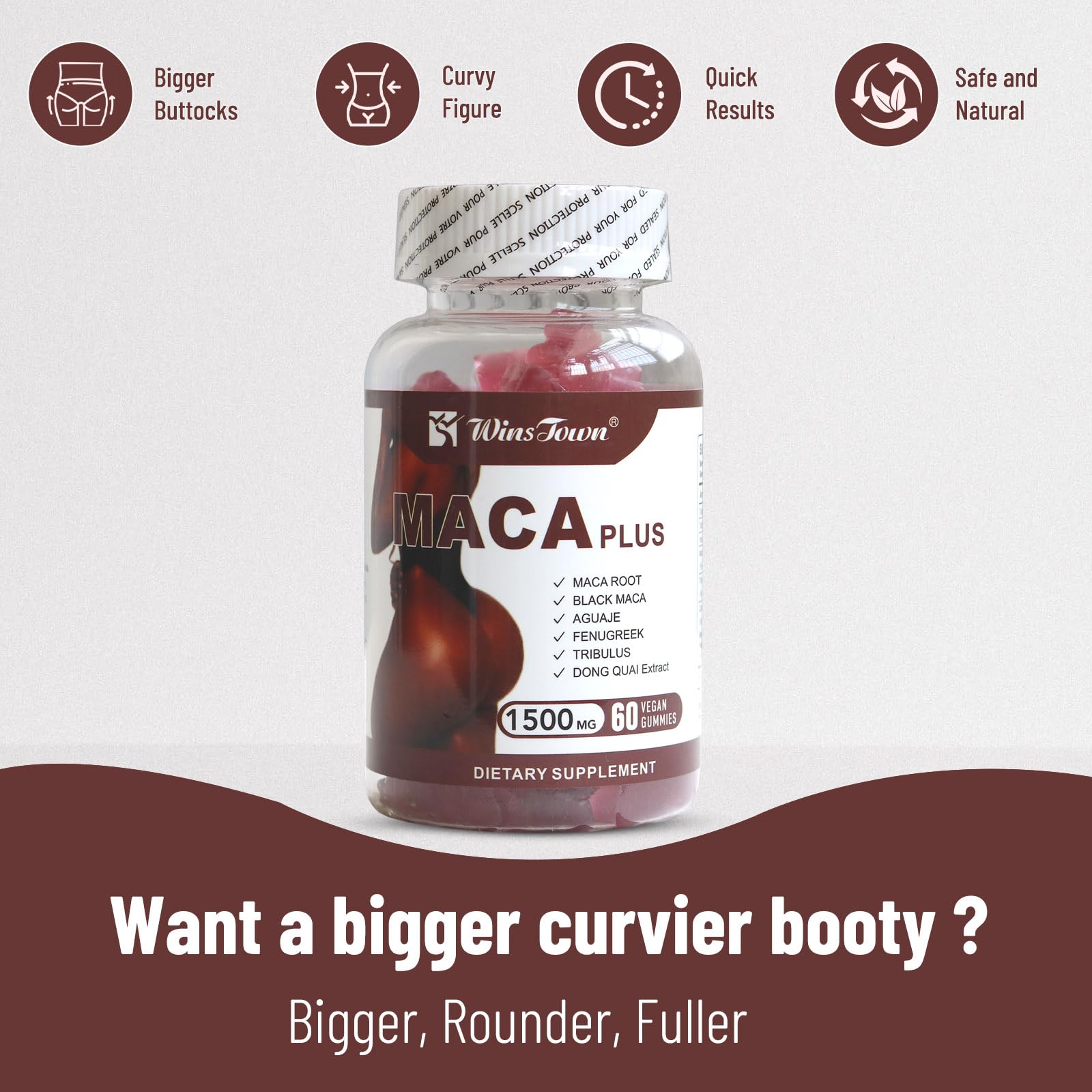 Wins Town Maca Plus Gummies, 1500mg Big Booty Enhancer with Black Maca Root & Dong Quai Extract, 60 Count - Medaid International