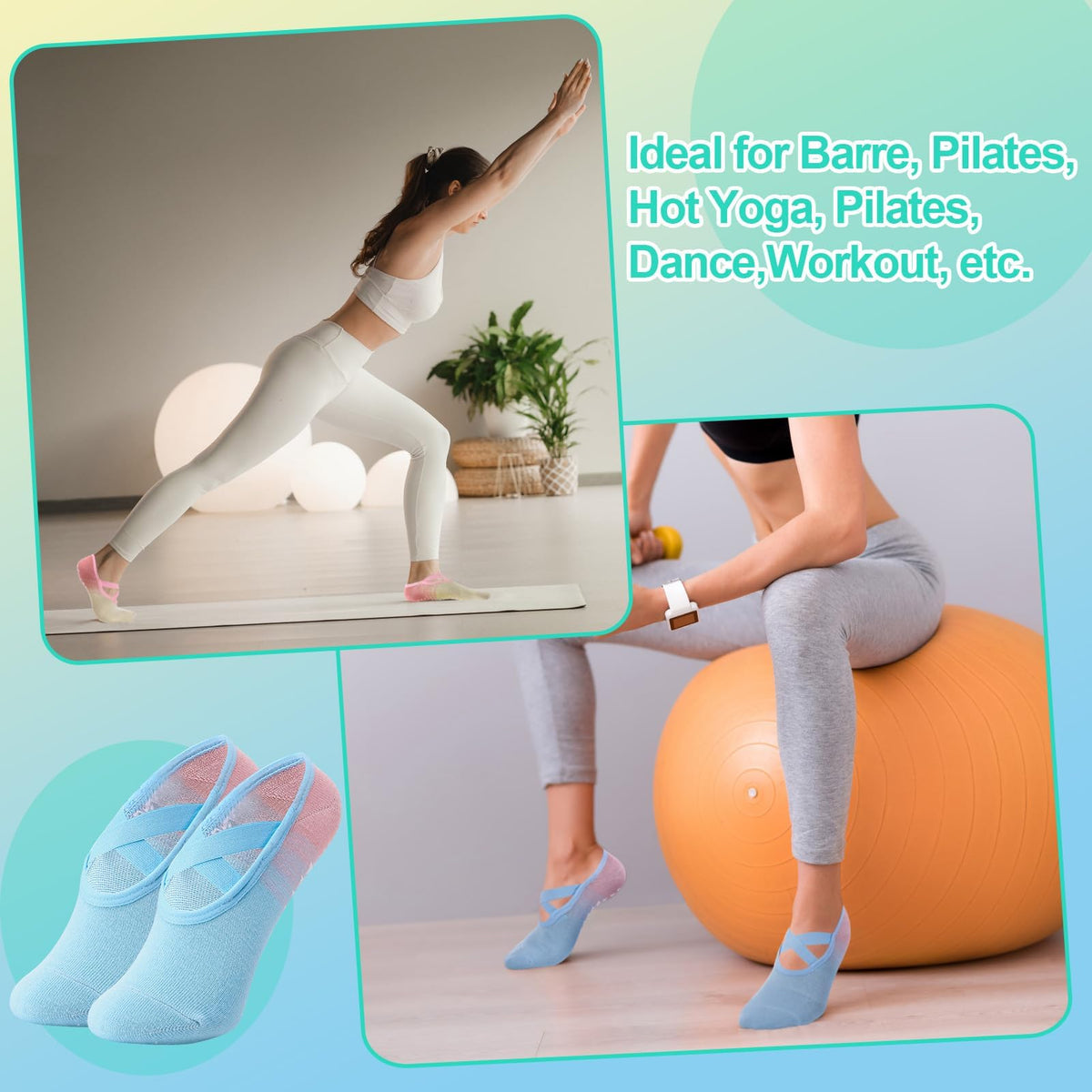 Non-Slip Yoga Socks for Women, Grip Socks with Straps, Pilates Barre Dance Workout Sock, Colorful Ballet Fitness Footwear, 6-Pack