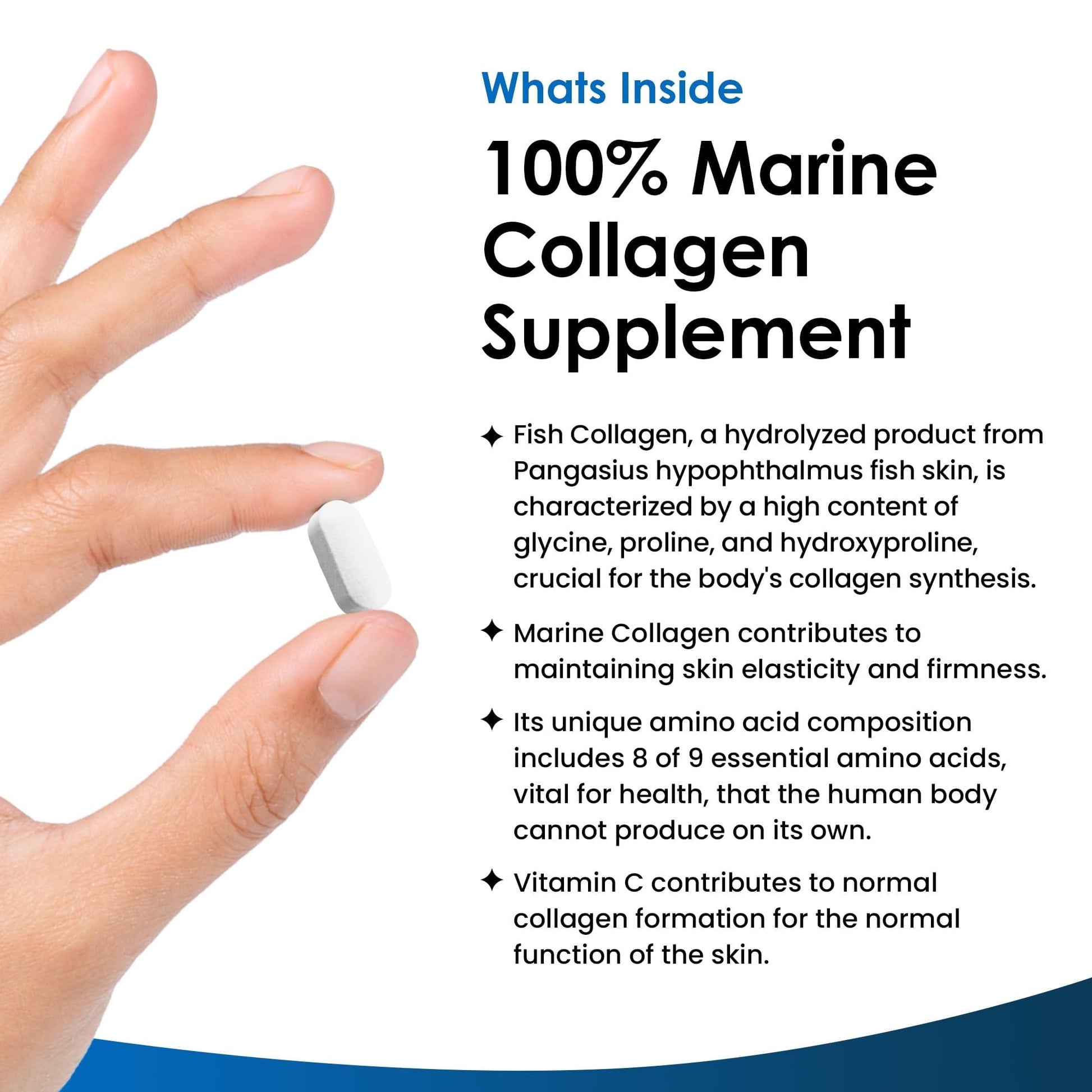 Pure Marine Collagen 100% Marine Collagen Type 1 1300mg - Hydrolysed Collagen Peptides Enhanced with Hyaluronic Acid & Vitamin C, High Strength Collagen Supplements for Women and Men, 60 Tablets - Medaid International