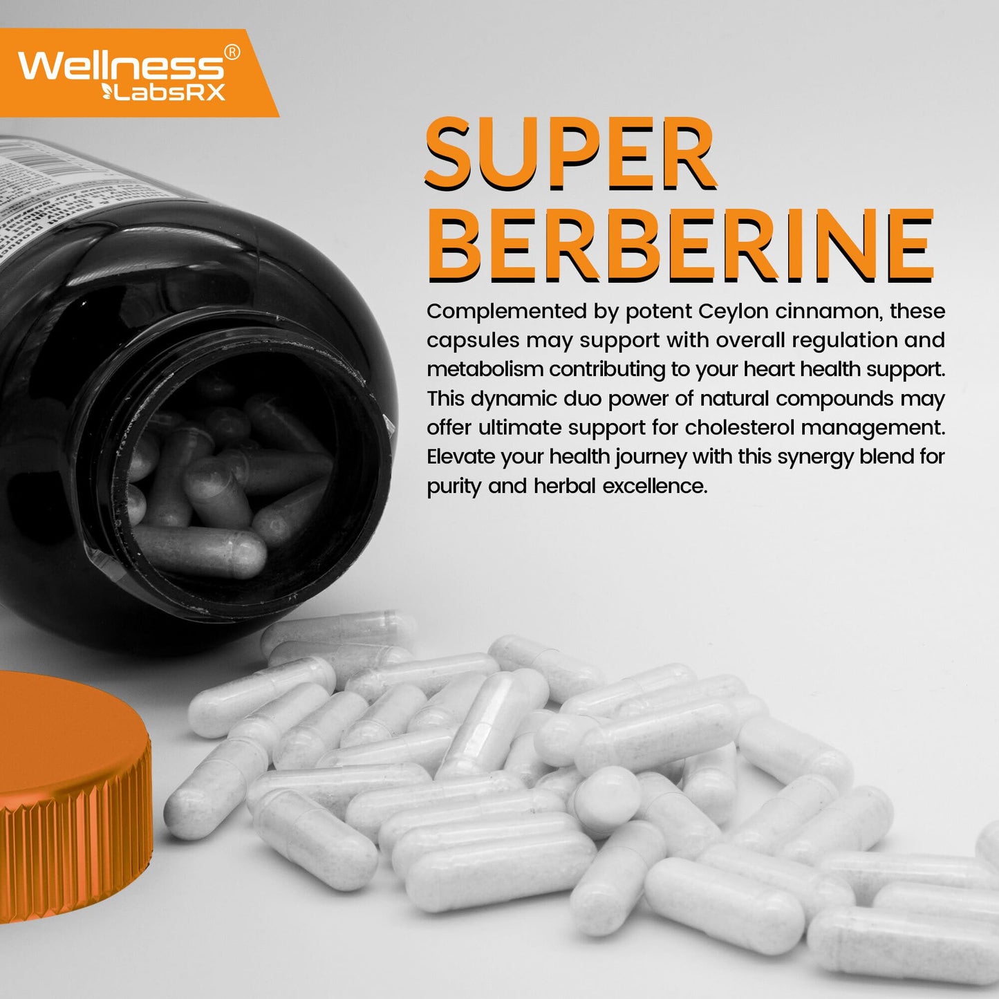 WELLNESS LABSRX Berberine 15,000mg - Third-Party Tested Berberine Supplement HCL with Ceylon Cinnamon, Black Pepper Extract and Apple Cider Vinegar, Heart Support Capsules - 120 Capsules - Pack of 1 - Medaid International
