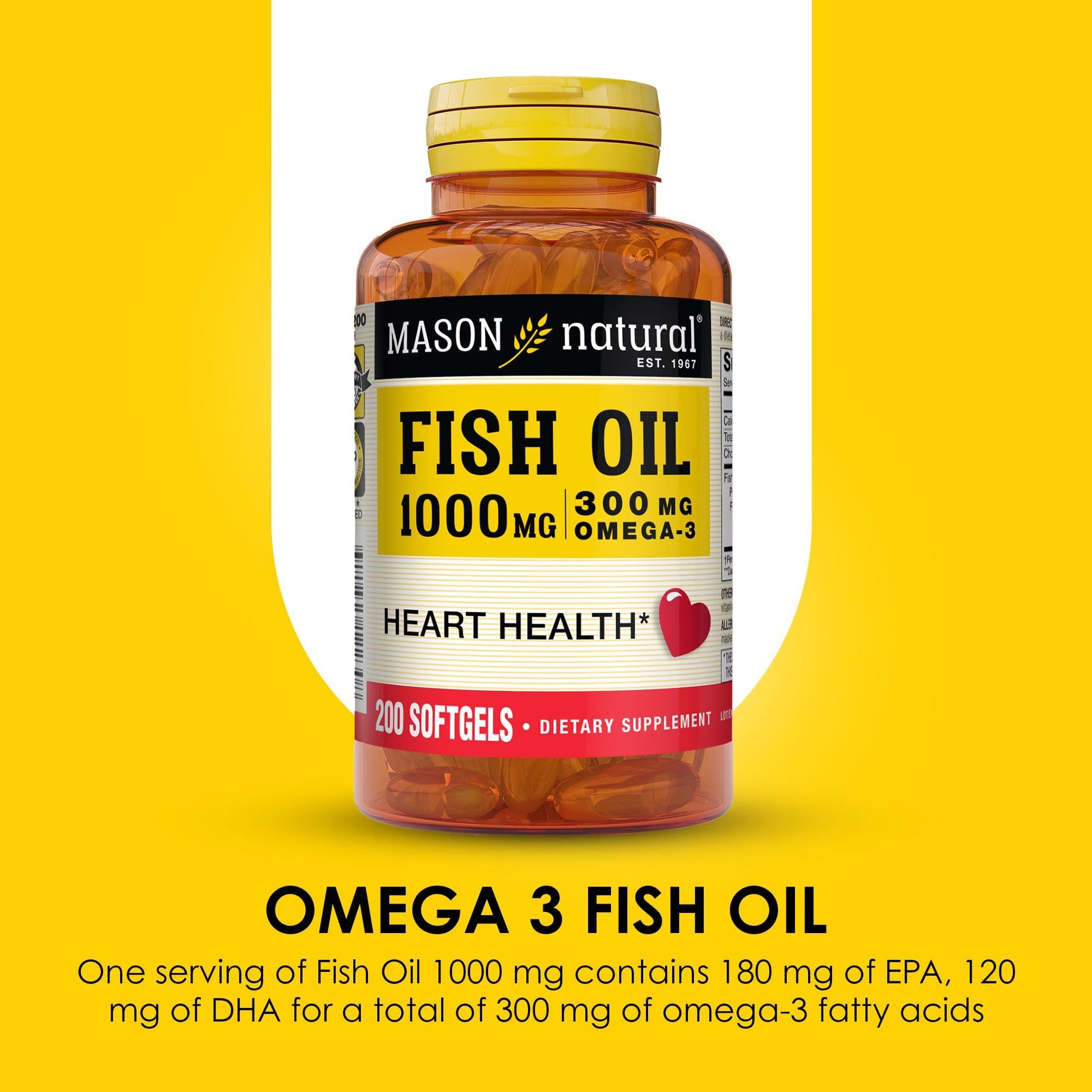 MASON NATURAL Omega,3 Fish Oil, 200,Day Supply, 1000mg with EPA and DHA for Joint Support, Softgel Pills - Medaid International