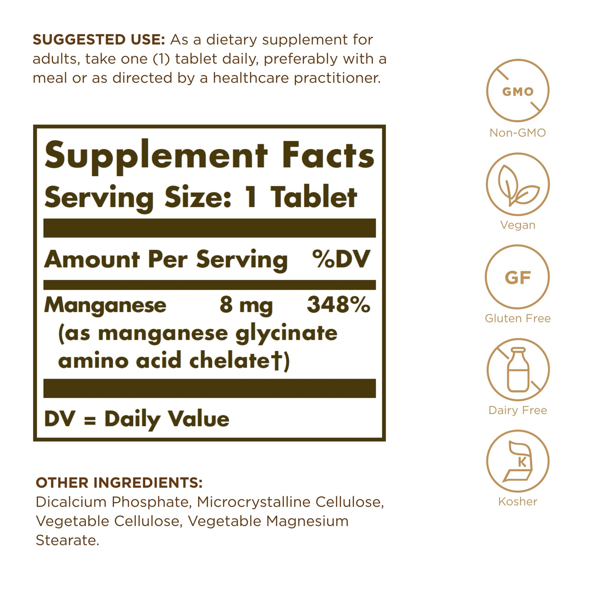 Solgar Chelated Manganese - 100 Tablets - Supports Bone, Joint & Nerve Health - Non-GMO, Vegan, Gluten Free, Dairy Free, Kosher - 100 Servings - Medaid International