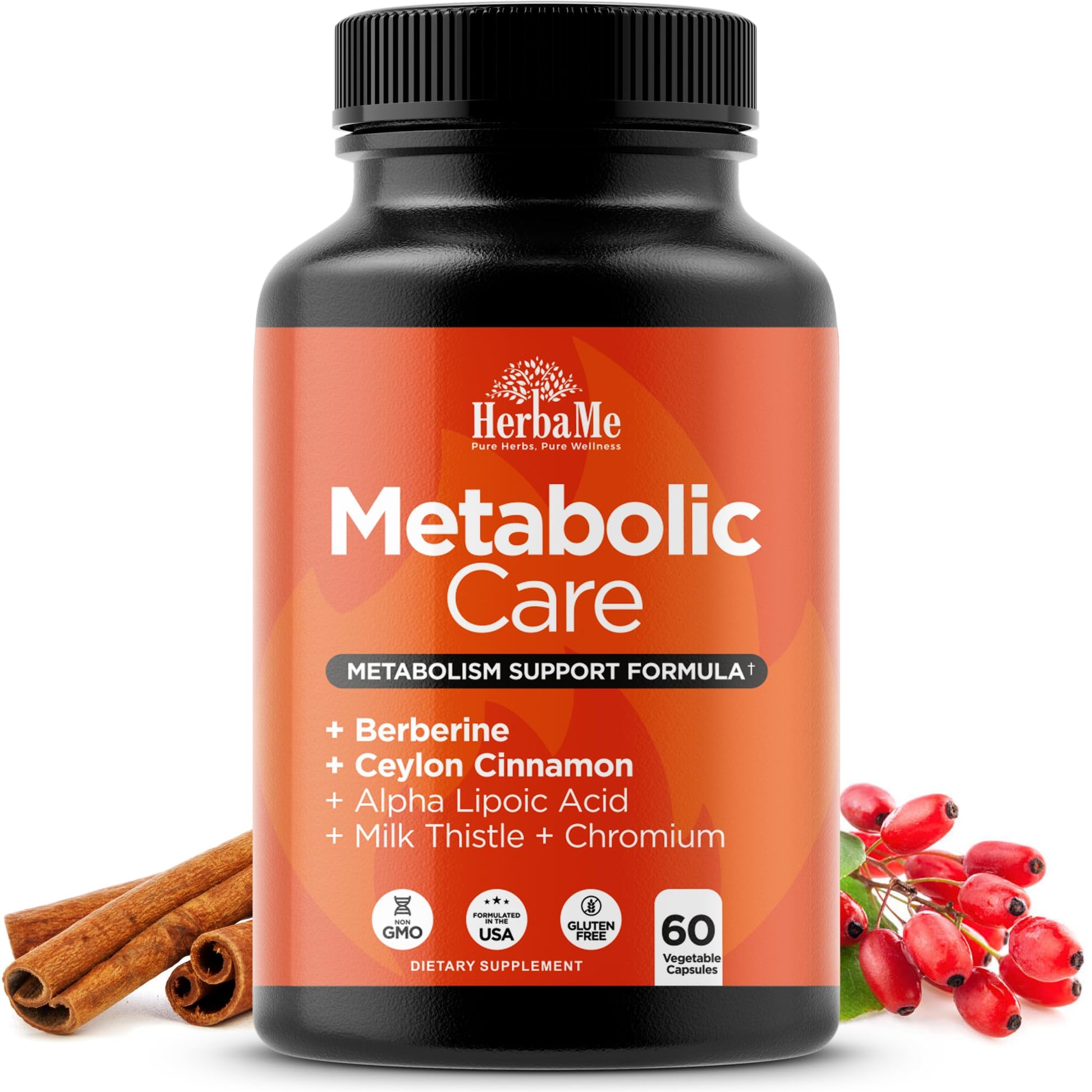 HerbaMe Berberine Supplement with Ceylon Cinnamon, Chromium, Alpha Lipoic Acid, Metabolic Care Supports Metabolism & Cardiovascular Health and Immune System, Helps Maintain Steady Energy Levels - Medaid International