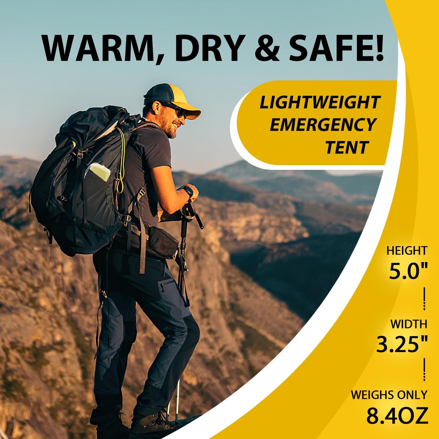 SET007 1-Pack Mylar Survival Life Tent, 2 Person Emergency Shelter Tube Tents with Paracord • 90% Heat Retention, Waterproof, All Weather Protection for Hiking, Camping & Outdoor-Yellow