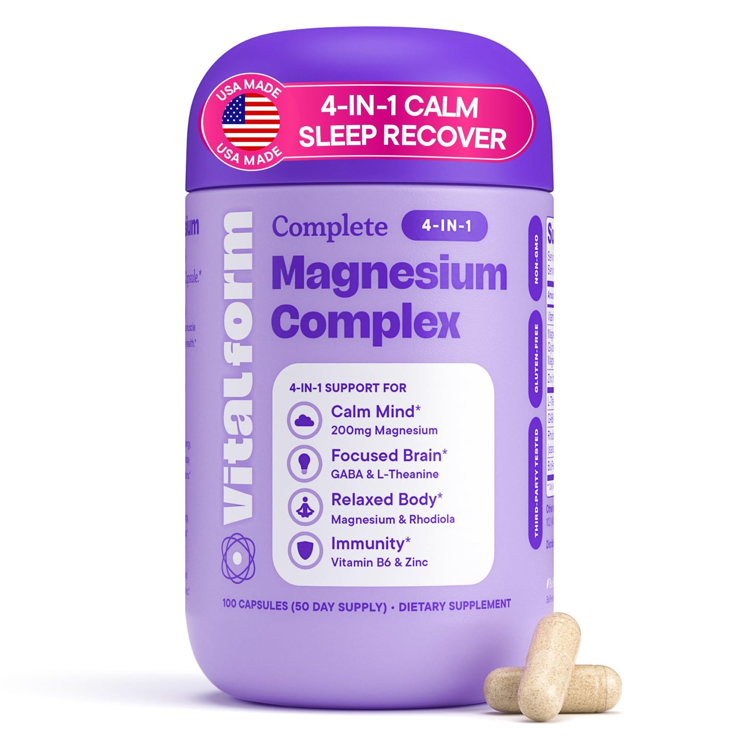 VitalForm Magnesium Glycinate – 4-in-1 Stress, Sleep, Mood & Recovery Support with GABA, L-Theanine, Rhodiola, Zinc & B6 – 200mg – 100 Vegan Capsules – Non-GMO - Medaid International