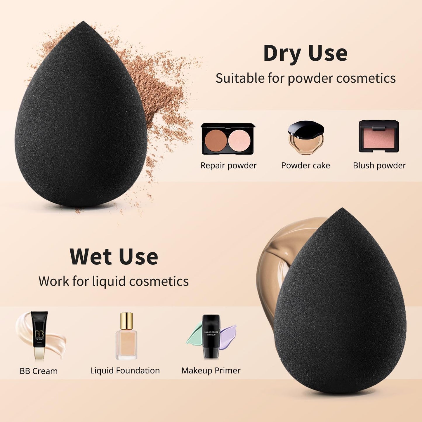 Makeup Sponge Set of 5, Soft and Latex-Free Beauty Sponge for Blending with Foundation Liquid Cream and Powder. Blender for Flawless Make Up Application, Black Beauty Gift - Medaid International