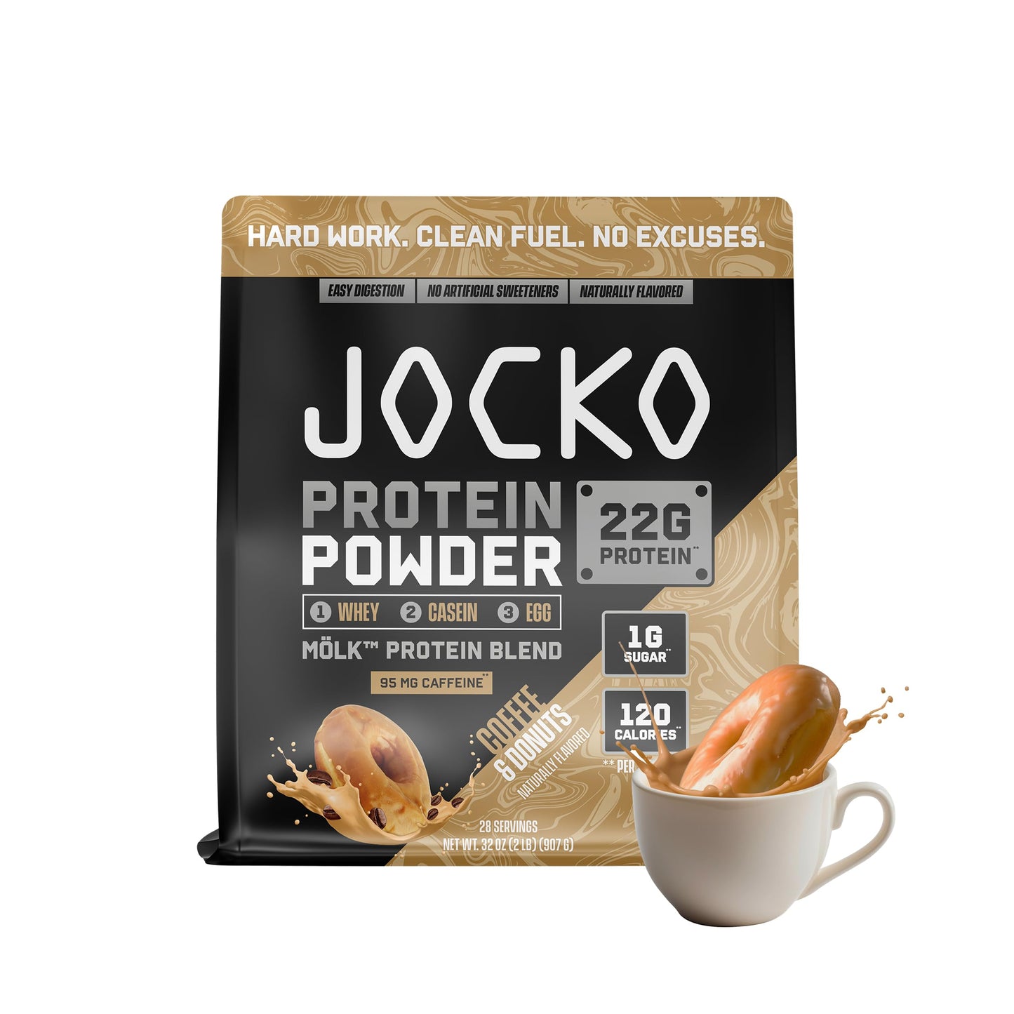 Jocko Fuel Mölk Whey Protein Powder 22g Protein - 95mg of Caffeine - Low Sugar Monk Fruit Blend - Muscle Recovery & Growth, Packaging May Vary (28 Servings, Coffee & Donuts) - Medaid International
