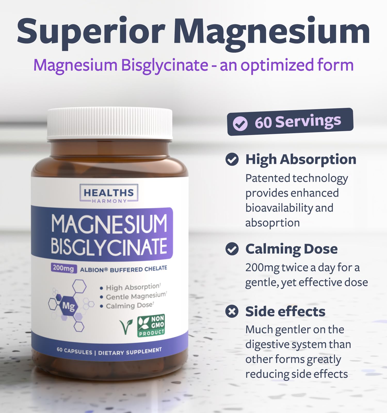 High Absorption Magnesium Bisglycinate Capsules - Clinically Validated Buffered and Chelated Magnesium Supplement - 1 Daily Vegan Capsule with Lab Verified Gentle 200mg Serving (2 Month Supply) - Medaid International