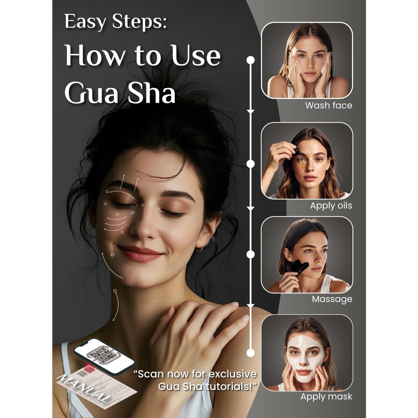 Rena Chris Gua Sha Facial Tools: Natural Obsidian Guasha Tool for Face Acupuncture Therapy, Facial Massager for Jawline Sculpting and Puffiness Reducing (Black) - Medaid International