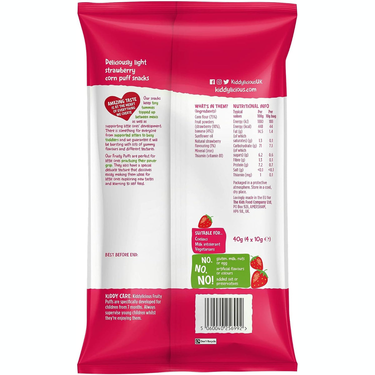 Kiddylicious Strawberry Fruity Puffs-Kids Snack - Crumb Free - Suitable for 7+ Months - 4 Packs (4x10gms)