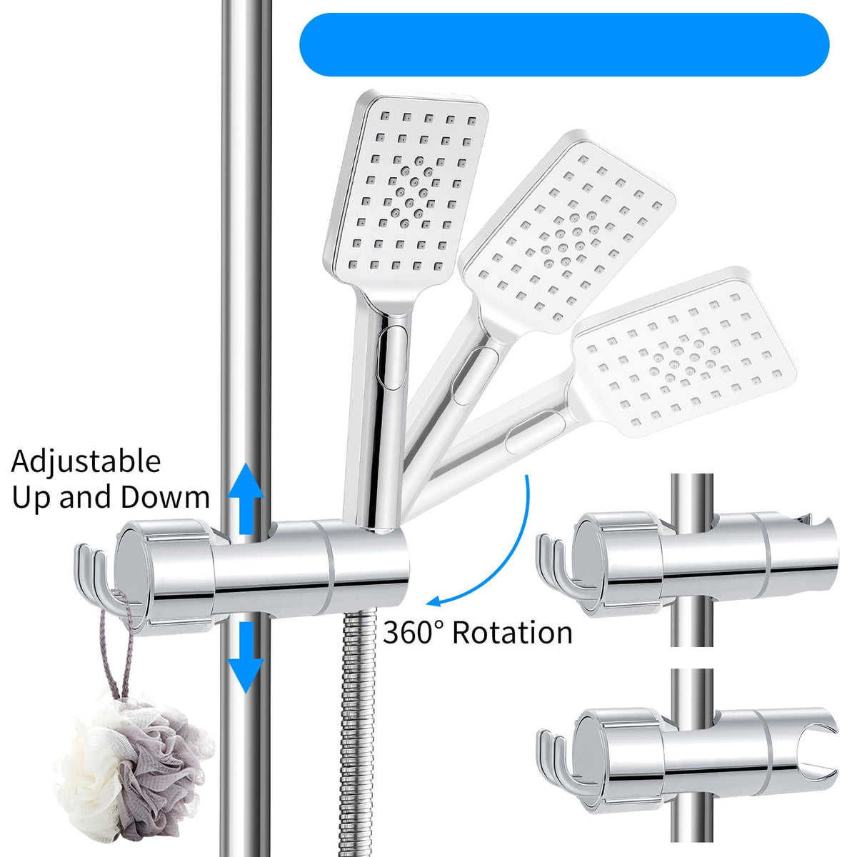 TERRIFI Shower Head Holder, Shower Holder Bracket 16-27 mm Diameter Chrome-Plated + ABS Design Hand Adjustable Shower Head Holders Replacement Easy Installation for Slide Rod Includes 2 Hooks