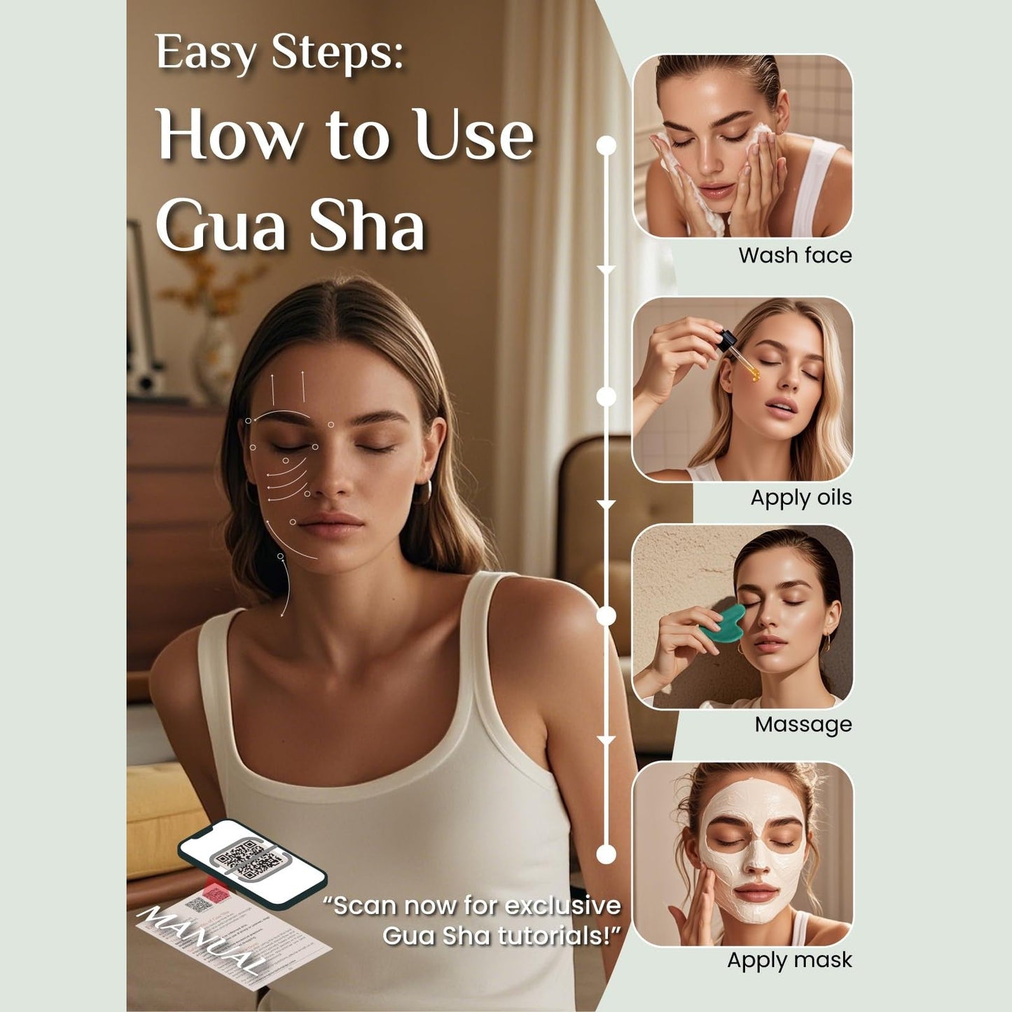 Rena Chris Gua Sha Facial Tools: Natural Jade Stone Guasha Tool for Face Acupuncture Therapy, Facial Massager for Jawline Sculpting and Puffiness Reducing (Green) - Medaid International