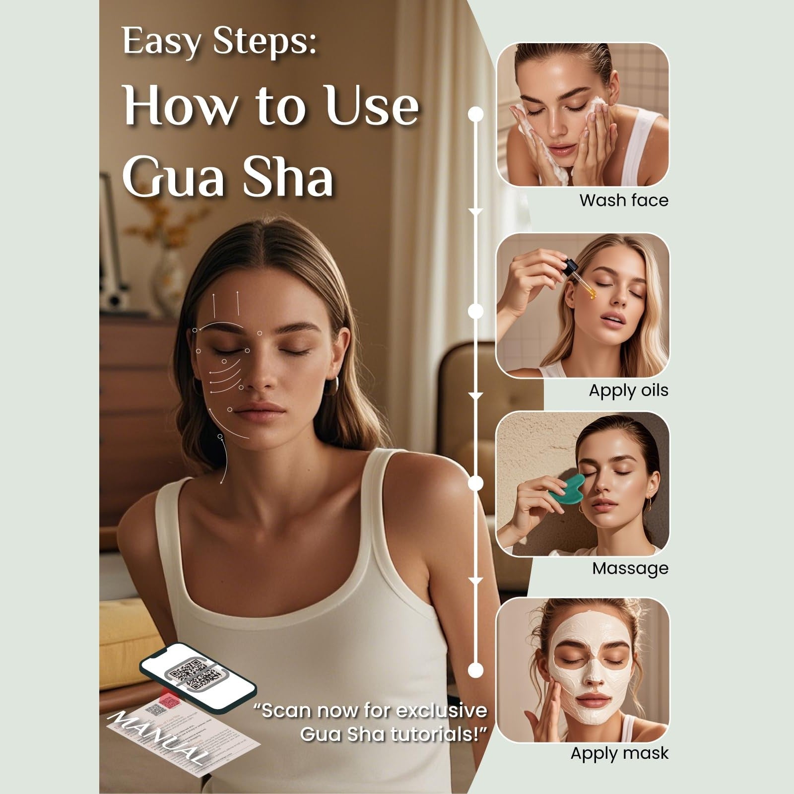 Rena Chris Gua Sha Facial Tools: Natural Jade Stone Guasha Tool for Face Acupuncture Therapy, Facial Massager for Jawline Sculpting and Puffiness Reducing (Green) - Medaid International
