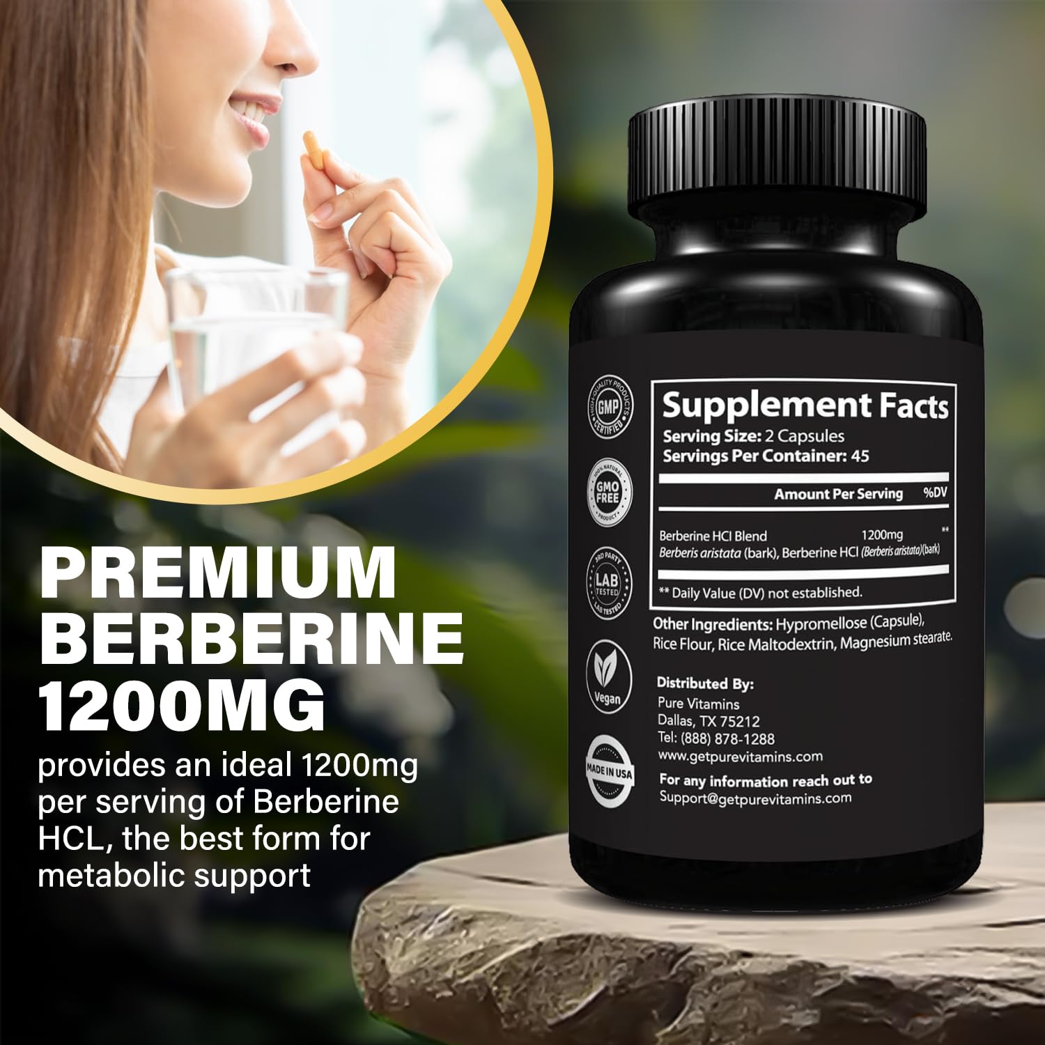Ultra High Strength Berberine HCL 1200mg Supplements | 90 Vegan Capsules | Organic Berberine Supplement for Metabolic Support and Overall Health | Perfect for Men and Women - Made in USA - Medaid International