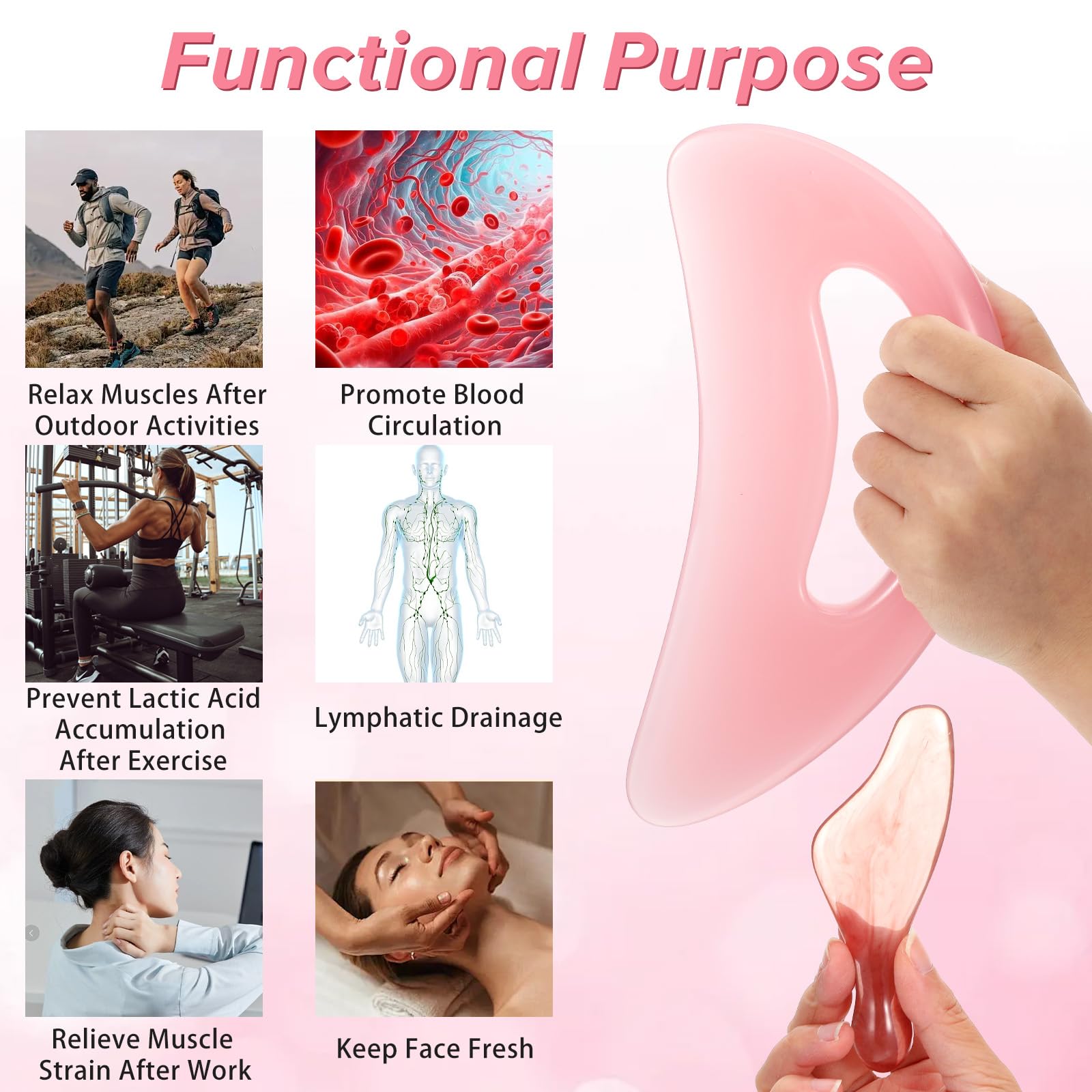 YBEATY Body Gua Sha Tool Cellulite Scraping Sculpting Guasha Tools Natural Resin Lymphatic Drainage Massager Tool for Face Back Neck Legs Man Women Birthday Festival (Pink) - Medaid International