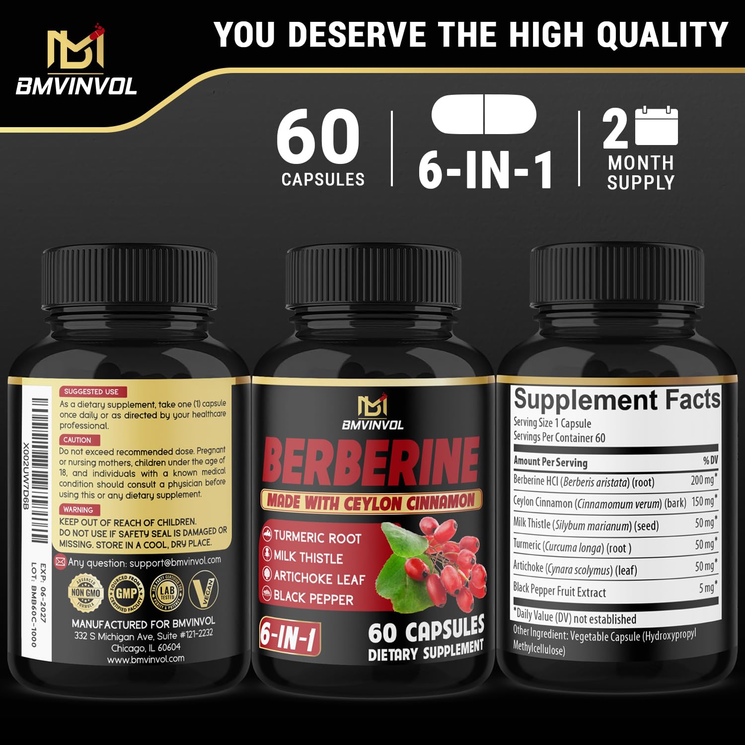 Berberine with Ceylon Cinnamon, Turmeric, Milk Thistle, Artichoke, Black Pepper - 60 Count - Pack of 1 - Medaid International